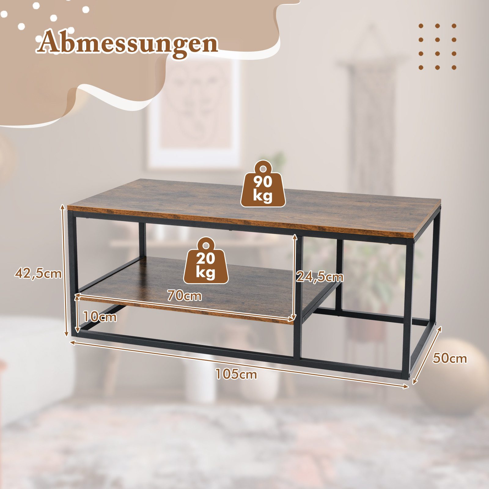 COSTWAY Couchtisch, mit Stauraum & Ablage, 2 Ebenen, Metallrahmen, 105cm