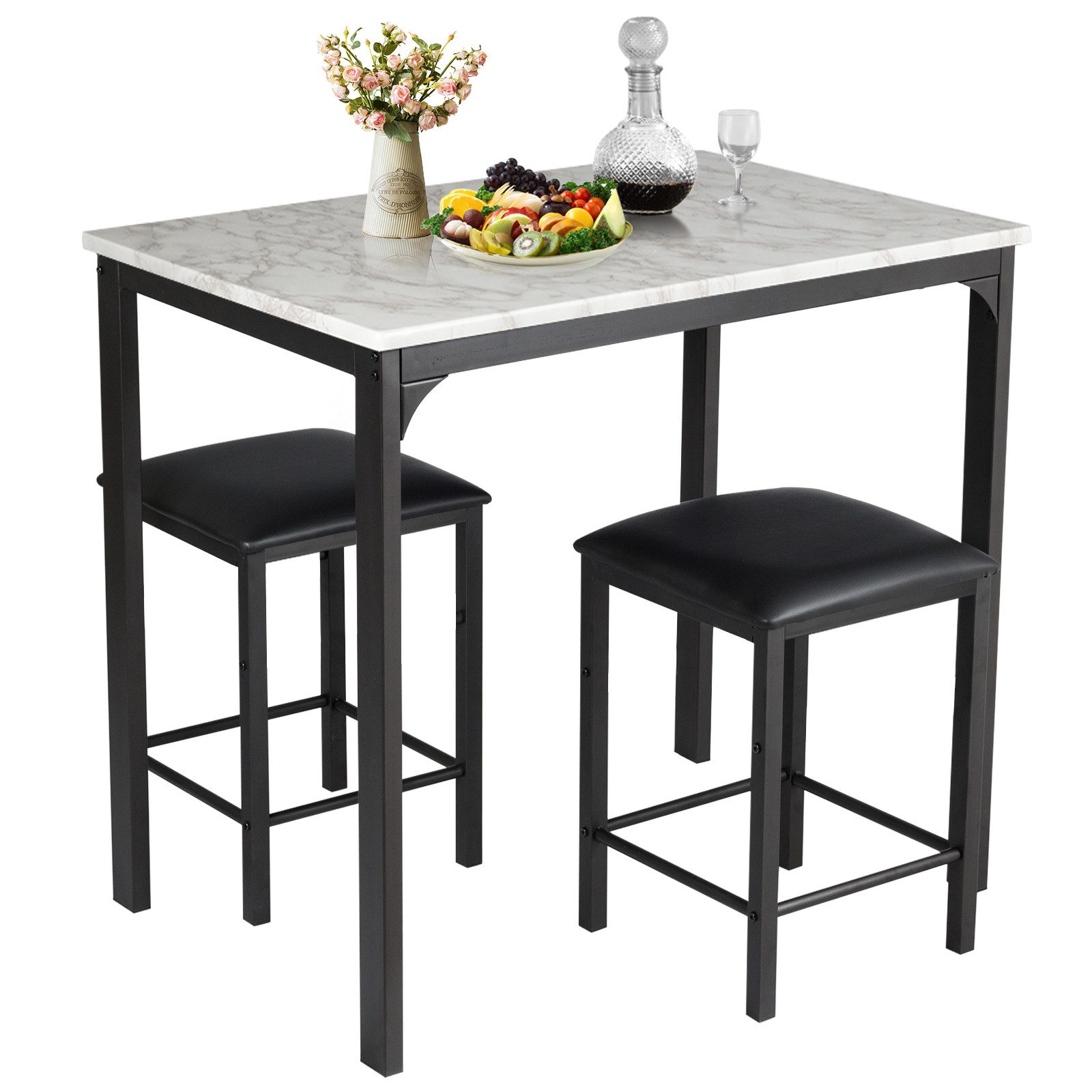 COSTWAY Essgruppe, 3 teilig, Esstisch mit 2 Stühlen, gepolstert, Metall