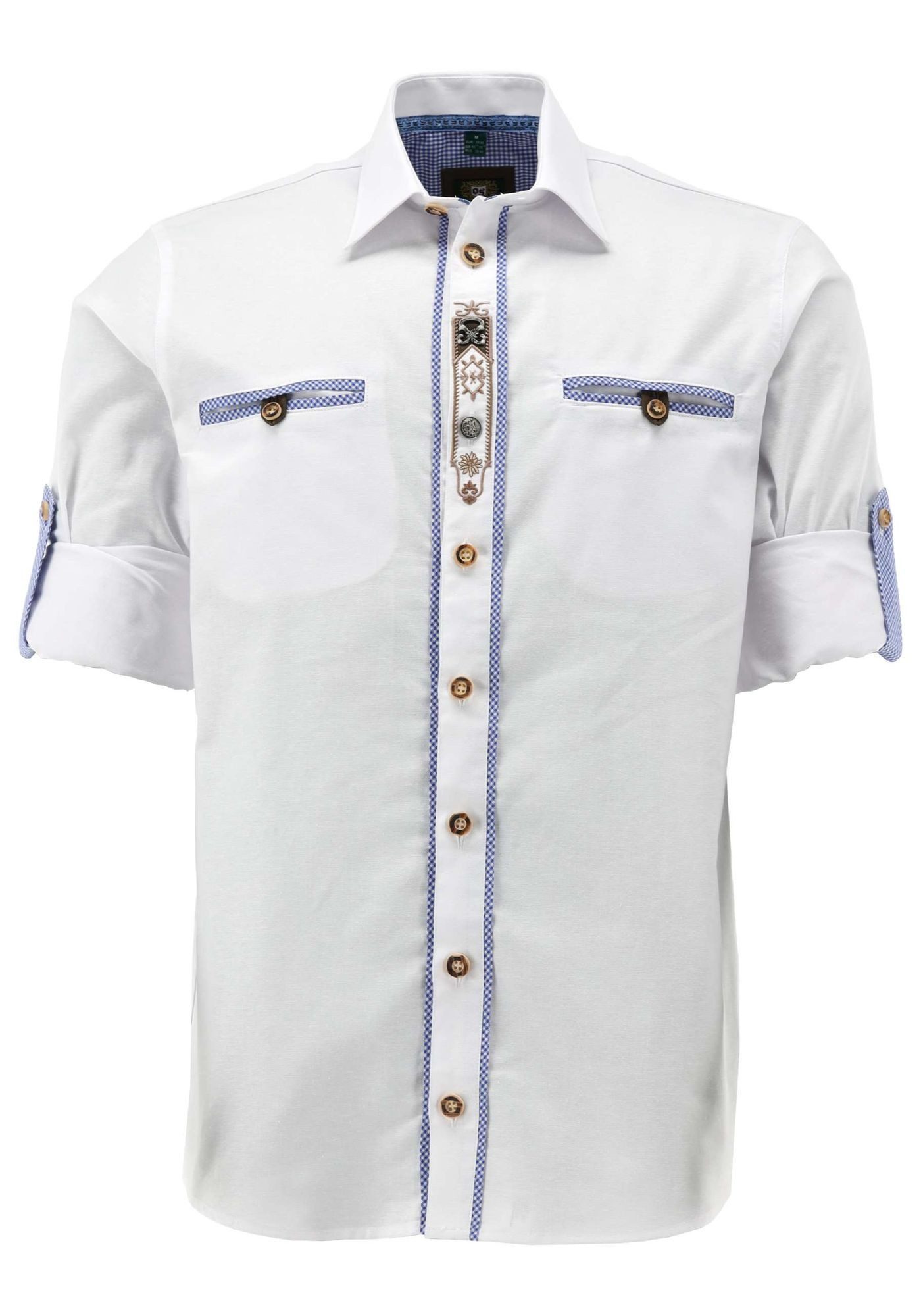 OS Trachten Trachtenhemd Orobe Regular Fit, Haifischkragen, 2 Paspeltaschen, verzierte Knopfleiste