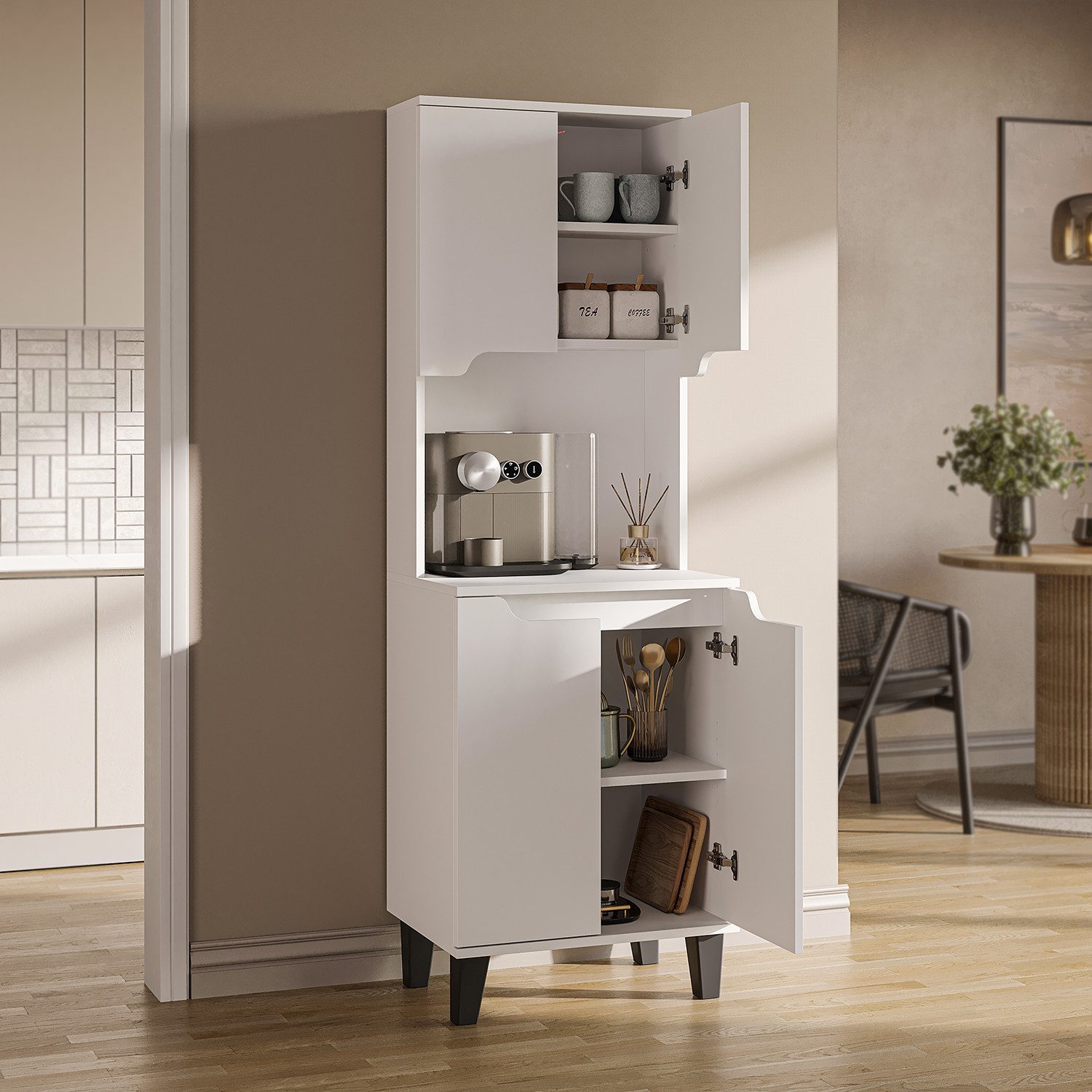 Roomart Küchenbuffet DEFNE mit Nische Kaffeebar Mikrowellenschrank Vorratsschrank, 5 Farben Offene Nische für Kaffeemaschine, 4 Türfächer