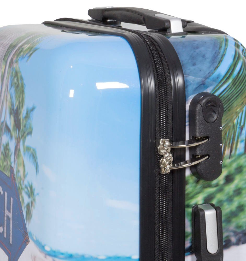 Trendyshop365 Hartschalen-Trolley Beach, bunter Koffer mit Strand-Motiv, 3 Größen, Zahlenschloss, Polycarbonat, Dehnfalte