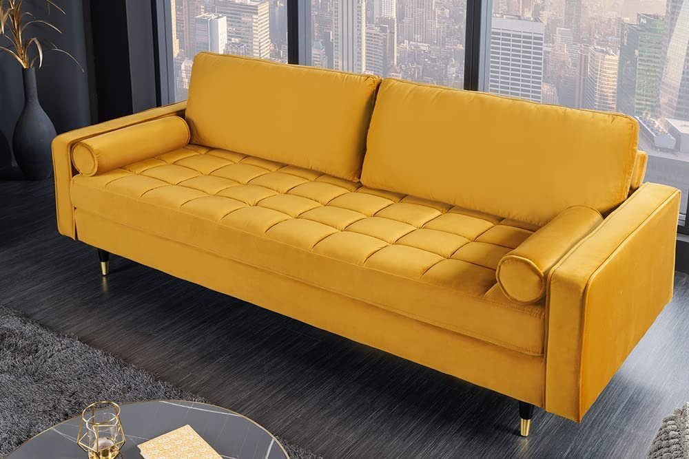 LebensWohnArt Sofa Modernes 3er Sofa 220cm COMFORT senfgelb Samt Federkern