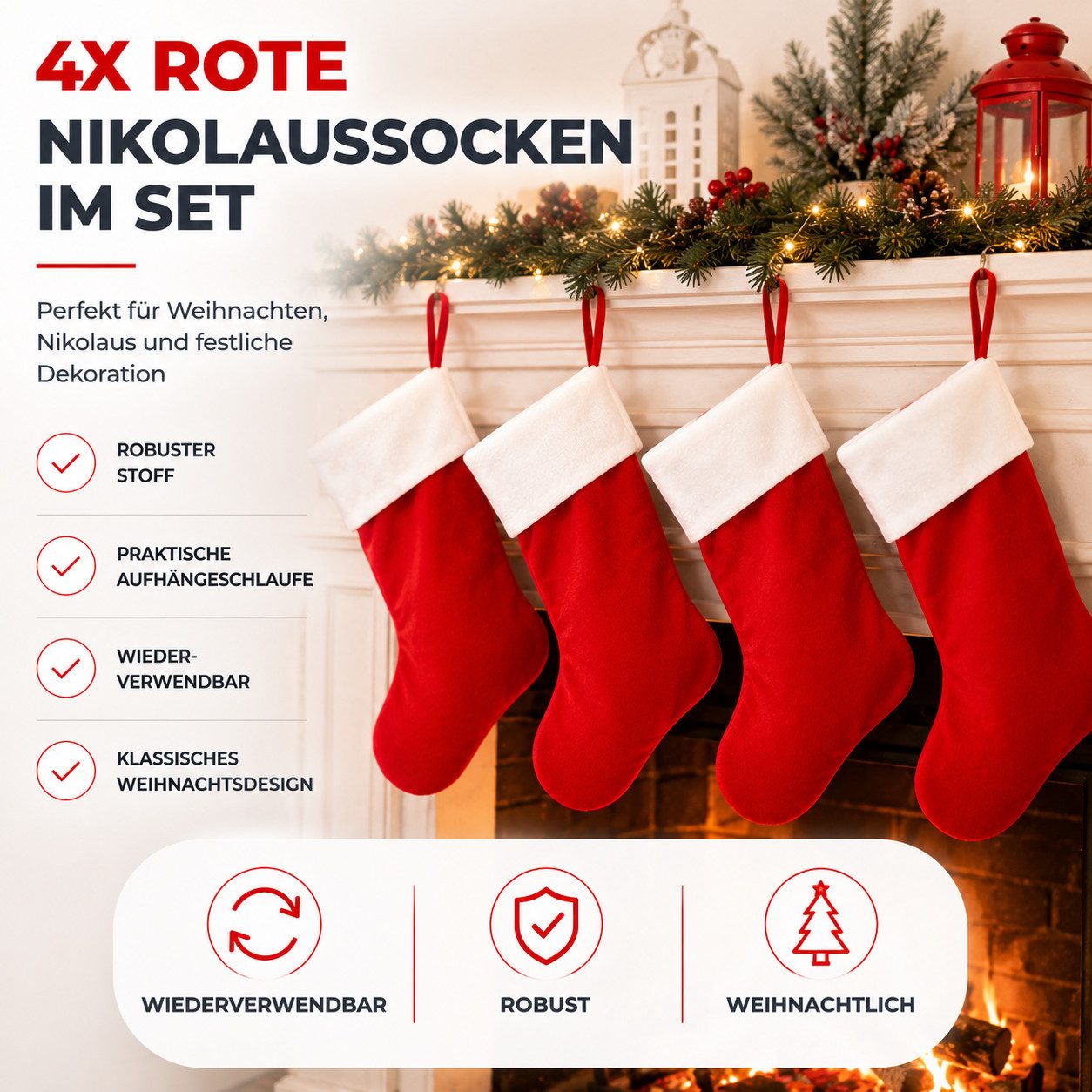 TK Gruppe Hänge-Weihnachtsbaum 4 Weihnachtsstrümpfe zum Befüllen und Aufhängen für Nikolaus (Set, 4 St., 4er Set) – Bild 3 von 5