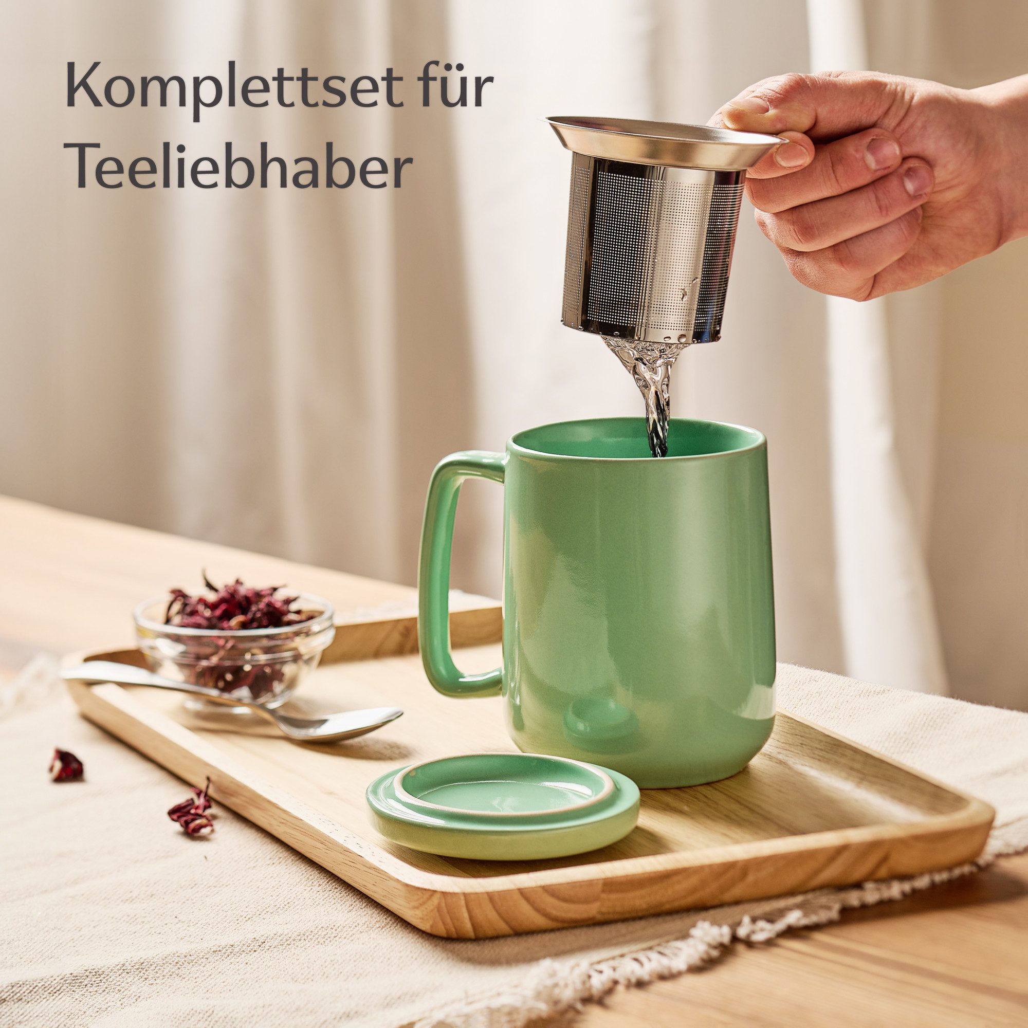 Cosumy Teeglas Teetasse mit Sieb und Deckel - Keramik Türkis - Hält Lange warm, 1-tlg., Keramik, Hält Lange warm - 500 ml XXL Groß - Spülmaschinenfest