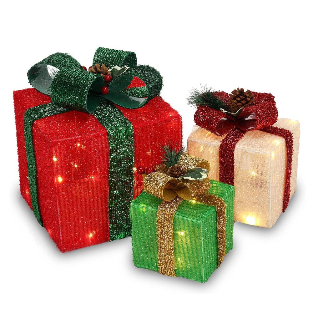 FANNOU Weihnachtsfigur Geschenkboxen, mit 60 warmweiß LEDs (3 St), Batteriebetrieben, Geschenkbox für Christbaumschmuck