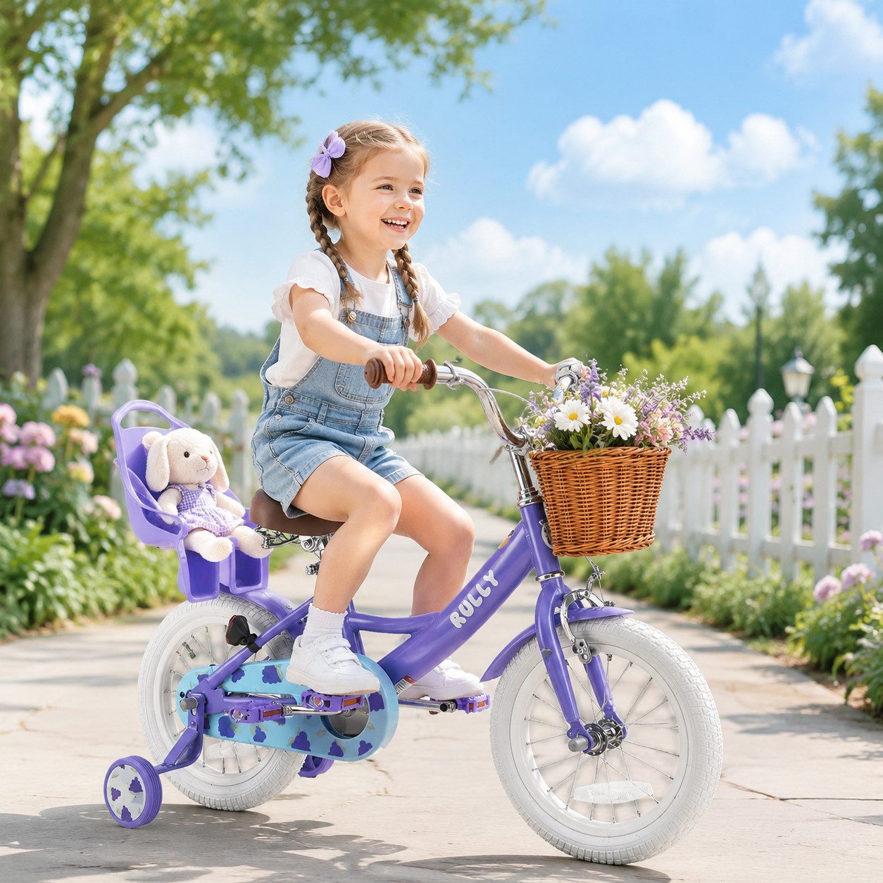 RULLY Kinderfahrrad Kinderfahrrad für Mädchen 12/14/16 Zoll, 2–7 Jahre, 1 Gang, Mit Lenkerkorb, Puppensitz und abnehmbaren Stützrädern