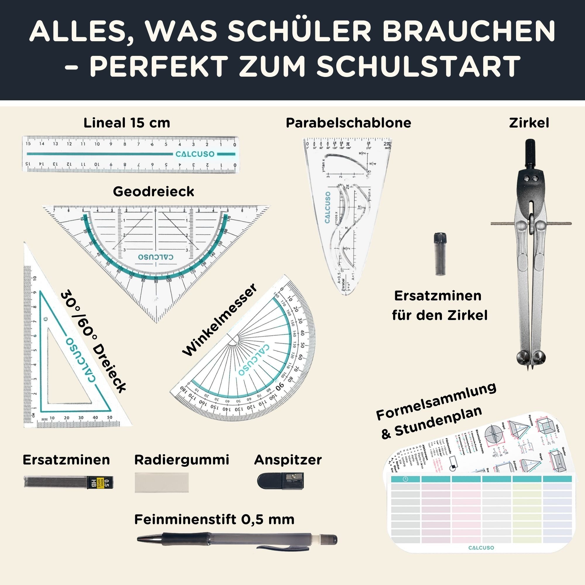 CALCUSO Zirkel Set im Federmäppchen mit Geodreieck & Lineal und Zubehör - Schwarz