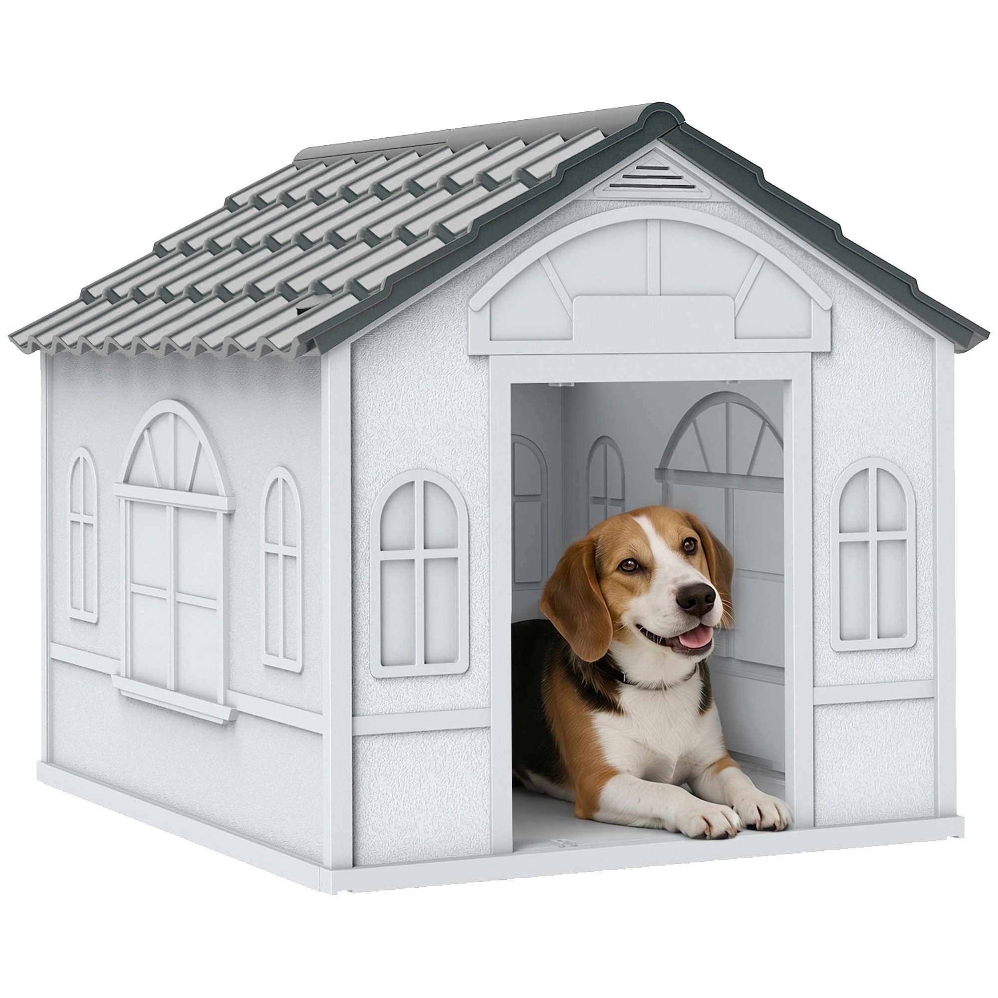 PawHut Hundehütte mit Satteldach, wetterfest, für mittelgroße Hunde unter 20 kg, Outdoor, 65 x 75,7 x 63 cm, Grau