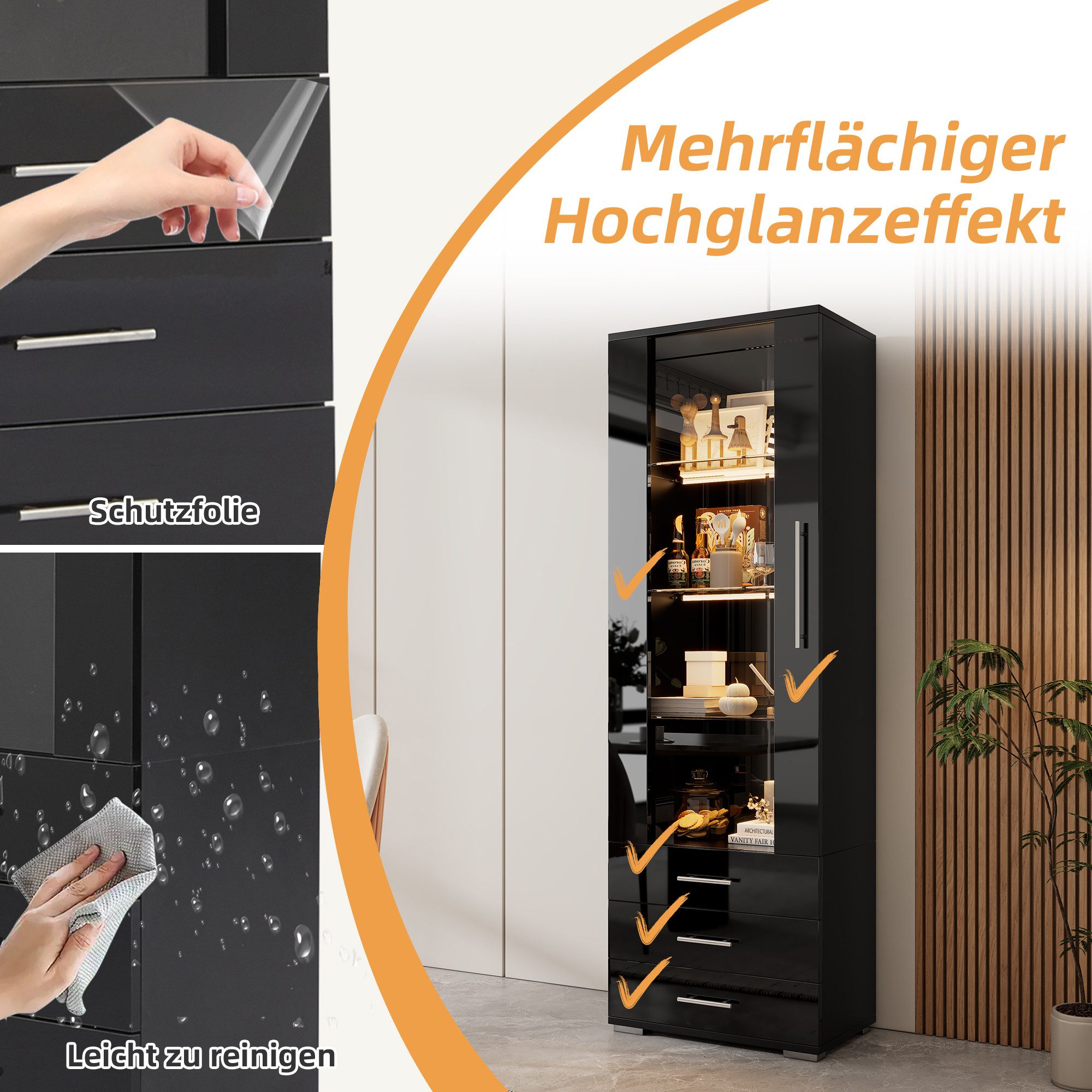 Merax Glasvitrine hochglanz Vitrine mit LED-Beleuchtung (1-St) Standvitrine mit 3 Schubladen, Acryltür & Glaseinlegeböden,60x35x180cm – Bild 4 von 5