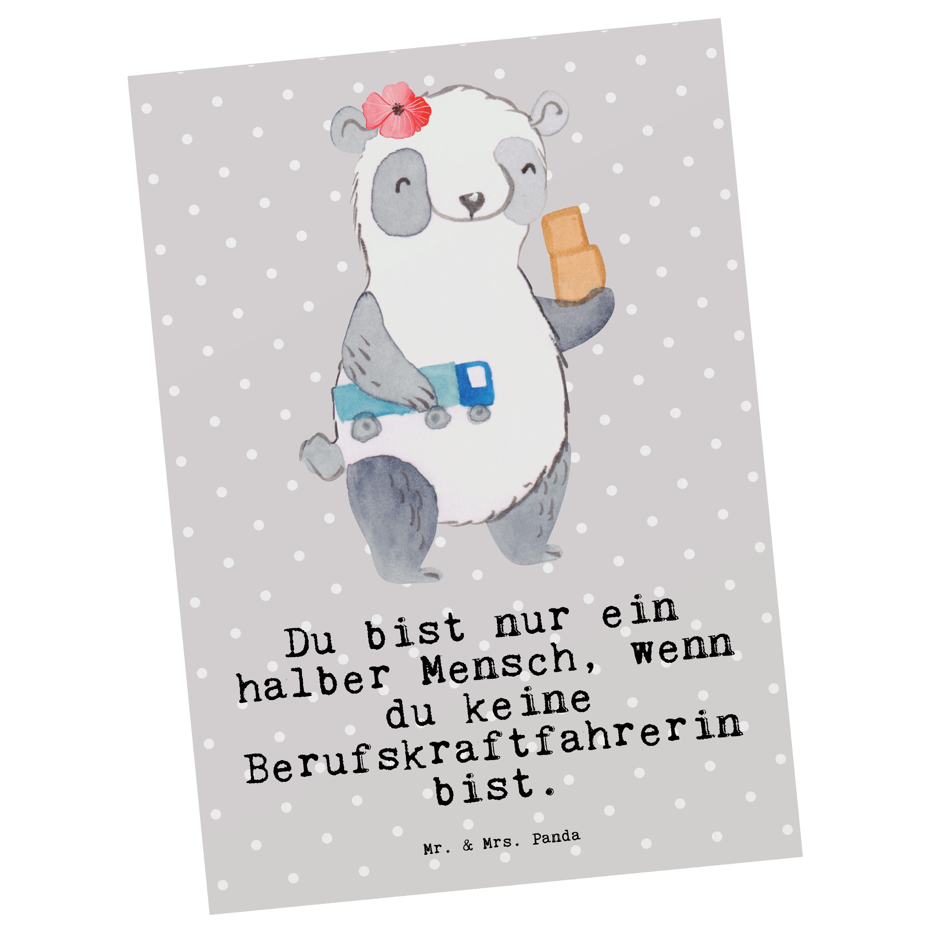 Mr. & Mrs. Panda Postkarte Berufskraftfahrerin mit Herz - Grau Pastell - Geschenk, Grußkarte, Ko