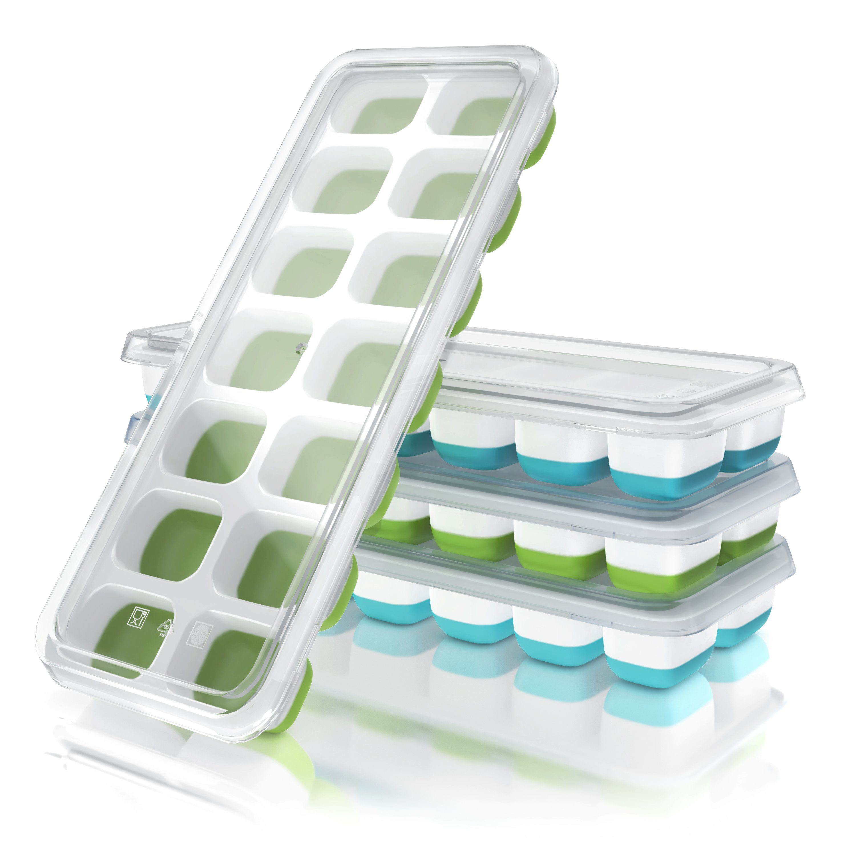 Arendo Eiswürfelform 4er Pack Silikon 250ml, 14 Eiswürfel, spülmaschinengeeignet, stapelbar, (4-tlg), 14 Fächer, 4 x Eiswürfelformen mit Deckel, BPA-frei