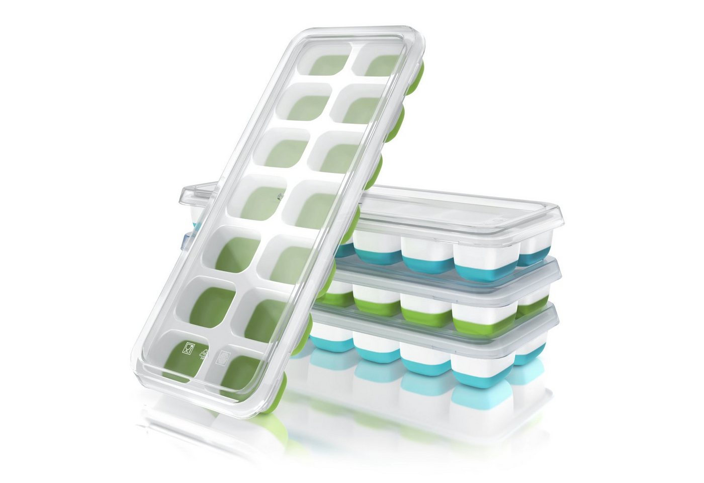 Arendo Eiswürfelform 4er Pack Silikon 250ml, 14 Eiswürfel, spülmaschinengeeignet, stapelbar, (4-tlg), 14 Fächer, 4 x Eiswürfelformen mit Deckel, BPA-frei