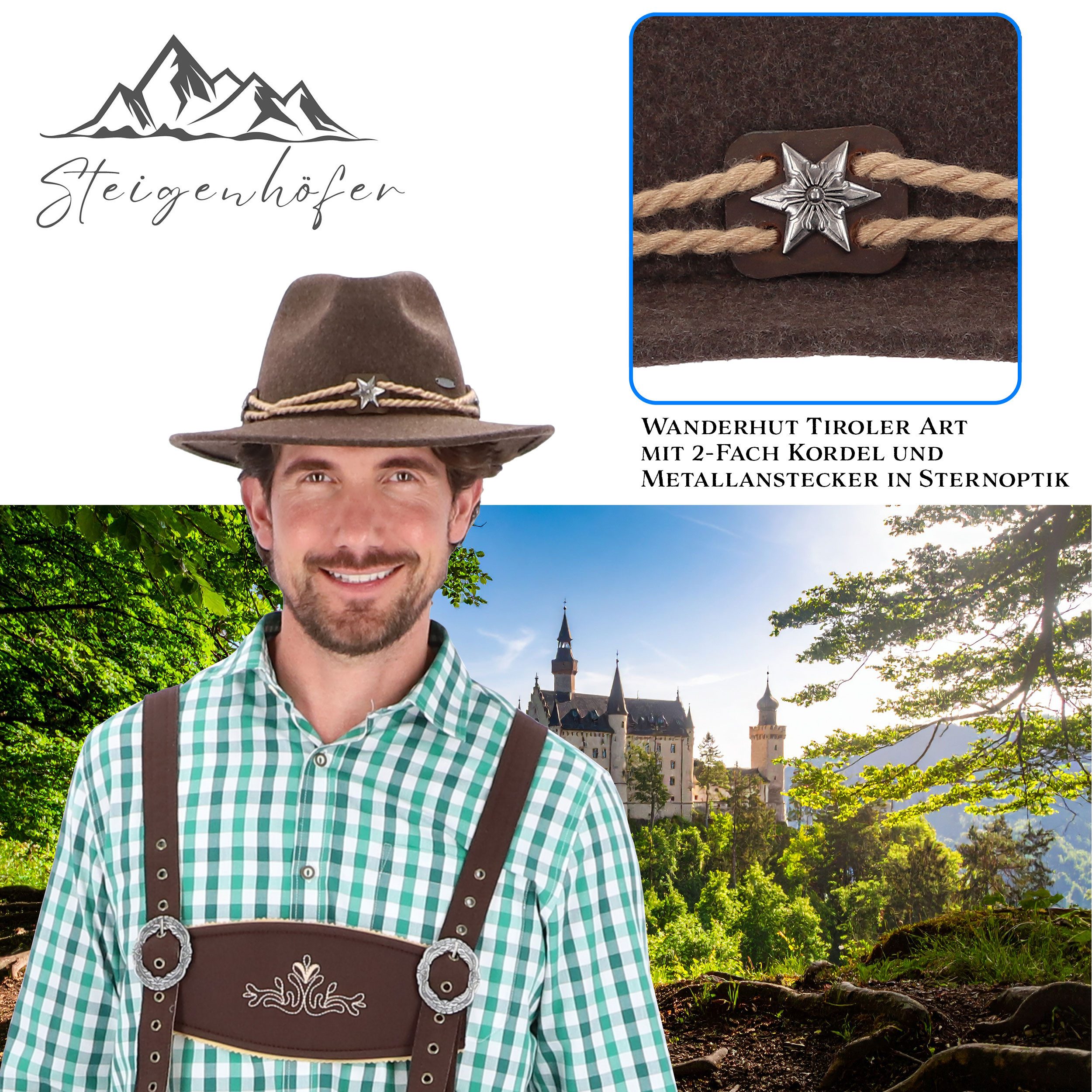 Steigenhöfer Manufaktur Trachtenhut Herren Georg - bayrischer Wanderhut Tiroler Art aus 100% Schurwolle Größenverstellbar und integriertes Schweißband, Ideal fürs Oktoberfest