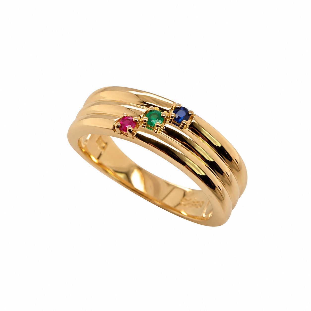 Sogni d'oro Fingerring "Ikonisches Trio" mit Saphir, Rubin und Smaragd, Silber 925 vergoldet