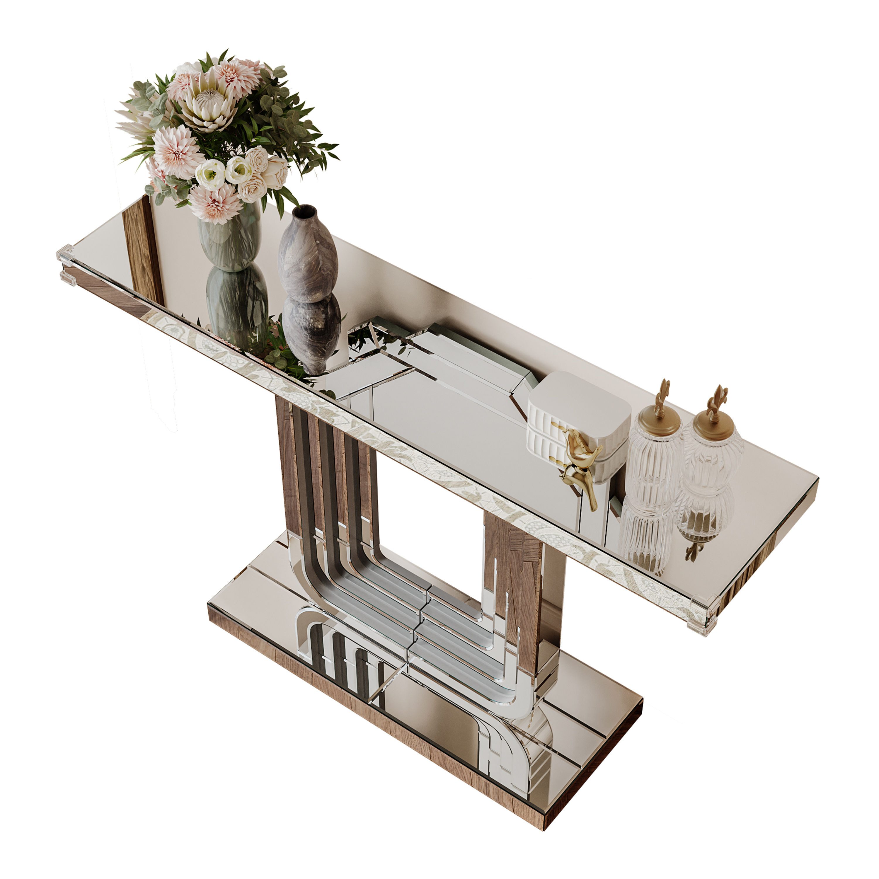 Celya Beistelltisch Eleganter Konsolentisch mit Silber-Optik & Stabiler U-Form-Basis (für Raumaufhellung, Kratzfest & Leicht zu Reinigen, Luxus Wohnzimmer Tisch), 120CM Moderner Spiegeltisch