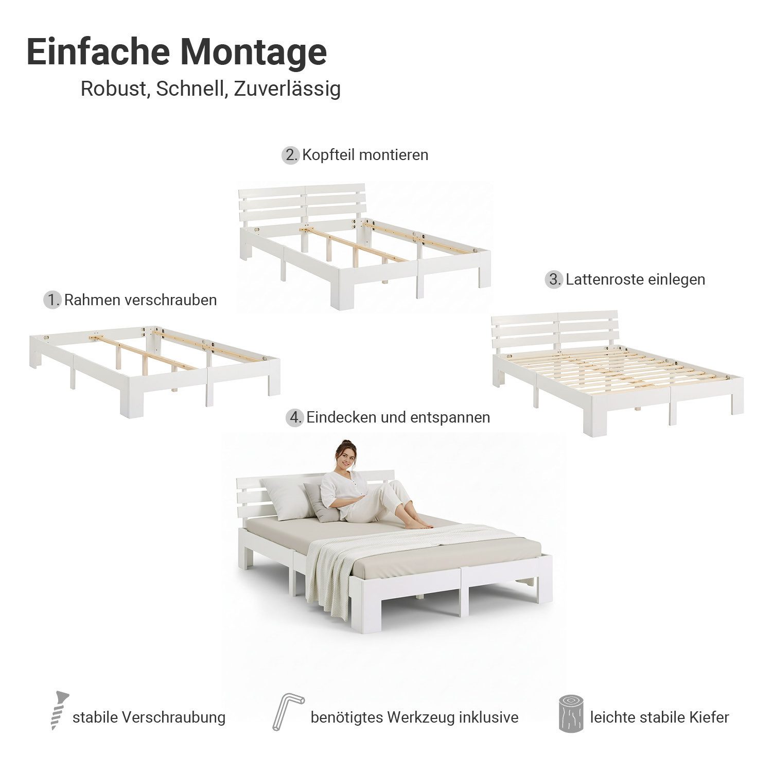Homestyle4u Holzbett 90x200 120x200 140x200 160x200 180x200 Doppelbett Kopfteil Lattenrost (Set, mit Lattenrost, Weiß), 140x200, modern, stabil