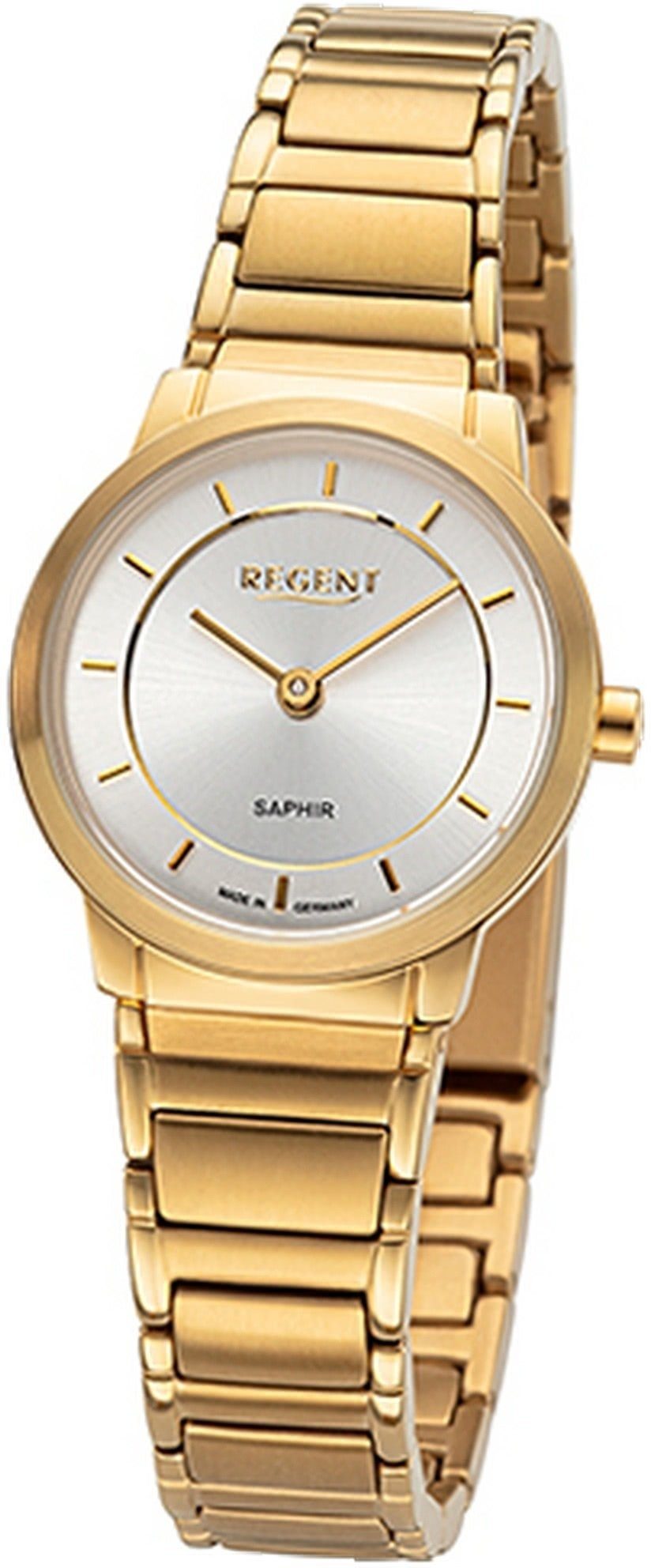 Regent Quarzuhr Regent Damen Armbanduhr Analog, Damenuhr Metallbandarmband gold, rundes Gehäuse, klein (ca. 26,5mm)