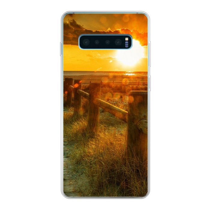 MuchoWow Handyhülle Sonne - Strand - Düne - Horizont - Gras - Weg - Orange Phone Case Handyhülle Samsung Galaxy S10+ Silikon Schutzhülle
