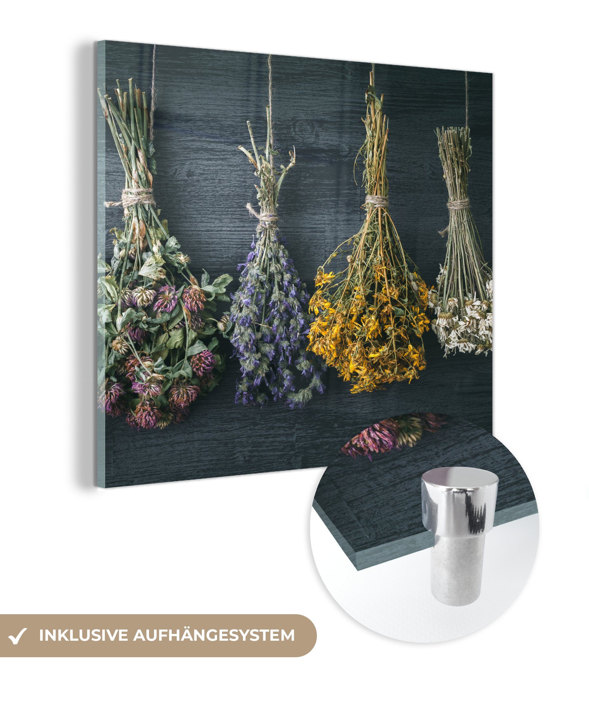 Blumenstrauß - Acrylglasbild Wandbild Trockenblumen auf - - - - St), Glasbilder - Bündel, auf - Stilleben Seil Glas bunt Blumen - Bilder (1 Wanddekoration MuchoWow Foto Glas