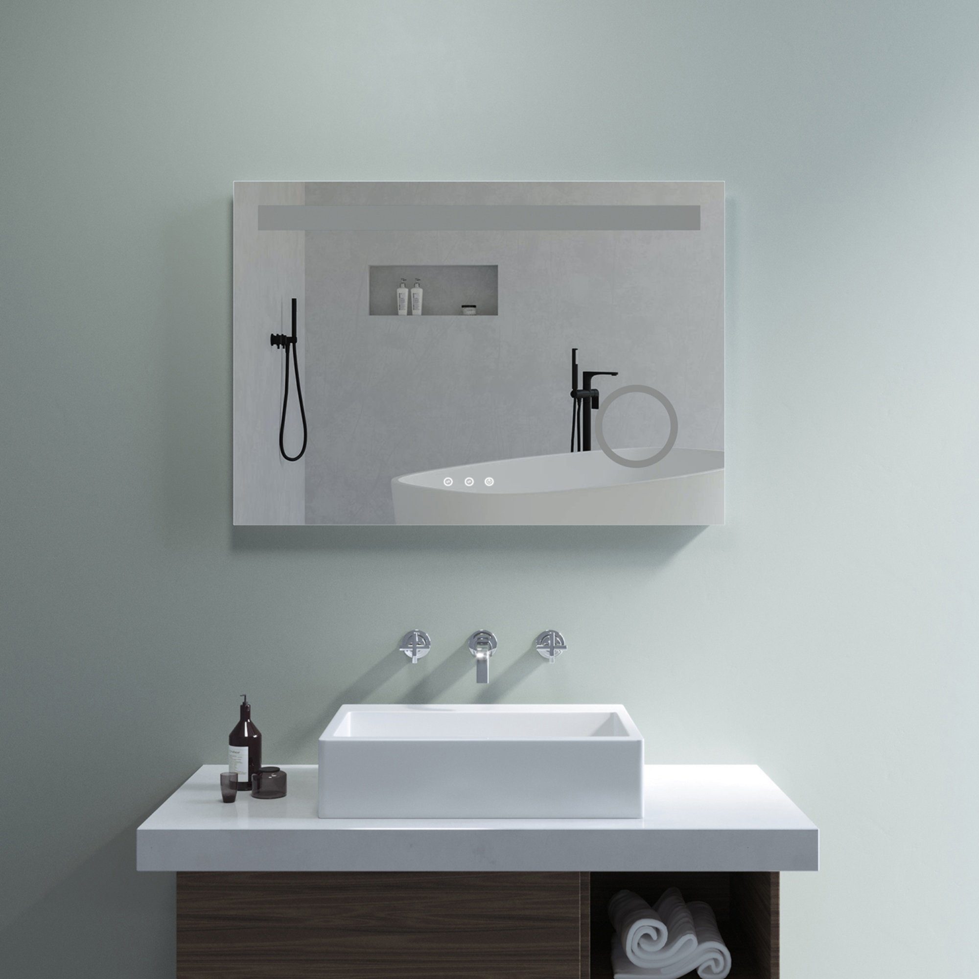AQUABATOS LED-Lichtspiegel Bad Badspiegel mit Beleuchtung dimmbar Touch IP44 Beschlagfrei (3 Lichtfarben Badezimmerspiegel LED Wandspiegel mit Licht)