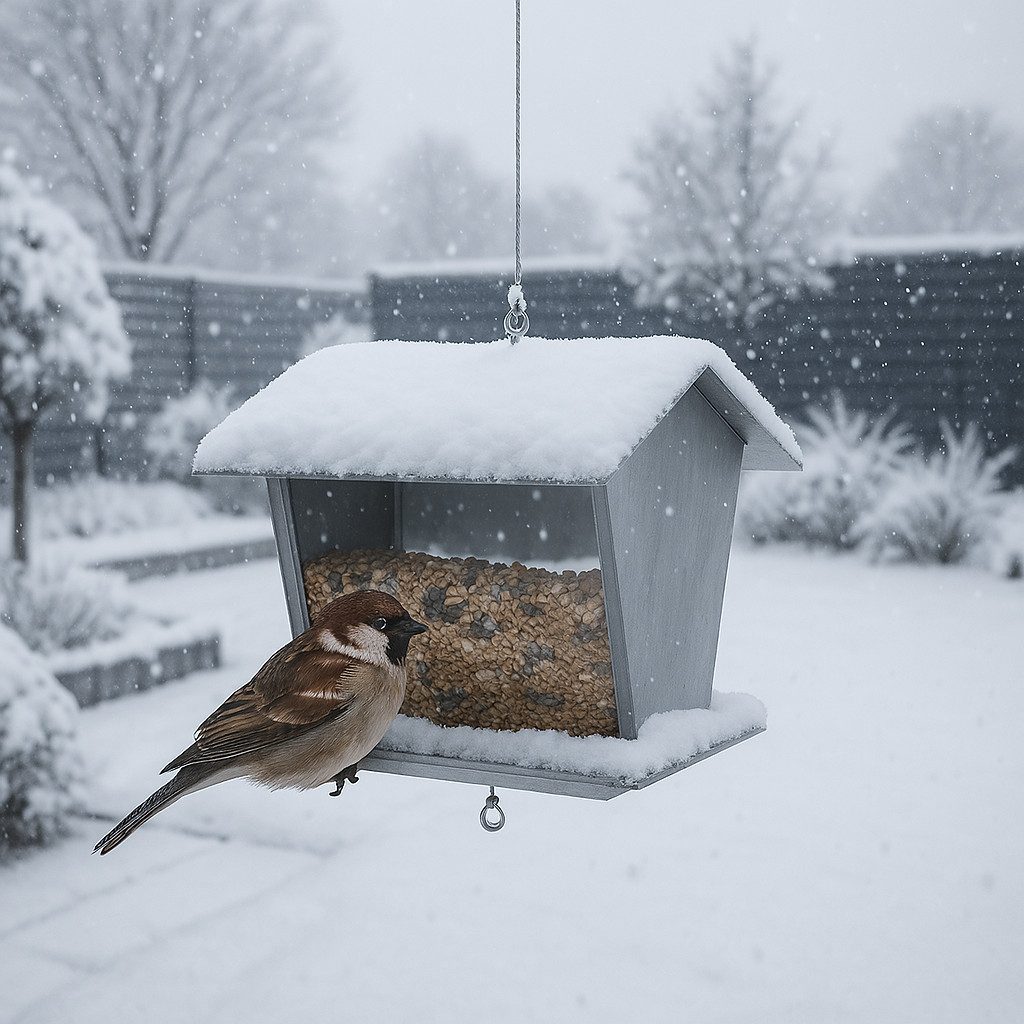 MeLiTec Futterstation Futterspender Vogelhaus eckig Edelstahl matt gebürstet Futterschale, Korrosionsgeschütz