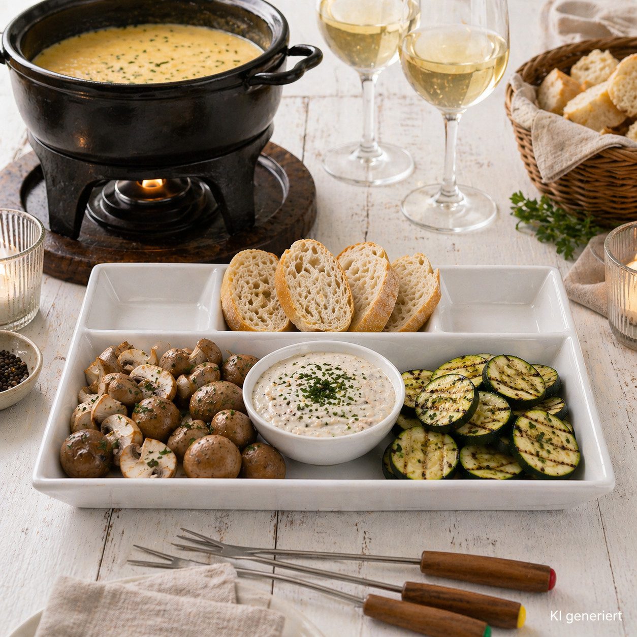 MamboCat Frühstücksteller 6er Set Fondueteller weiß 23x18 cm mit 4 Fächern Raclette Fondue Dip