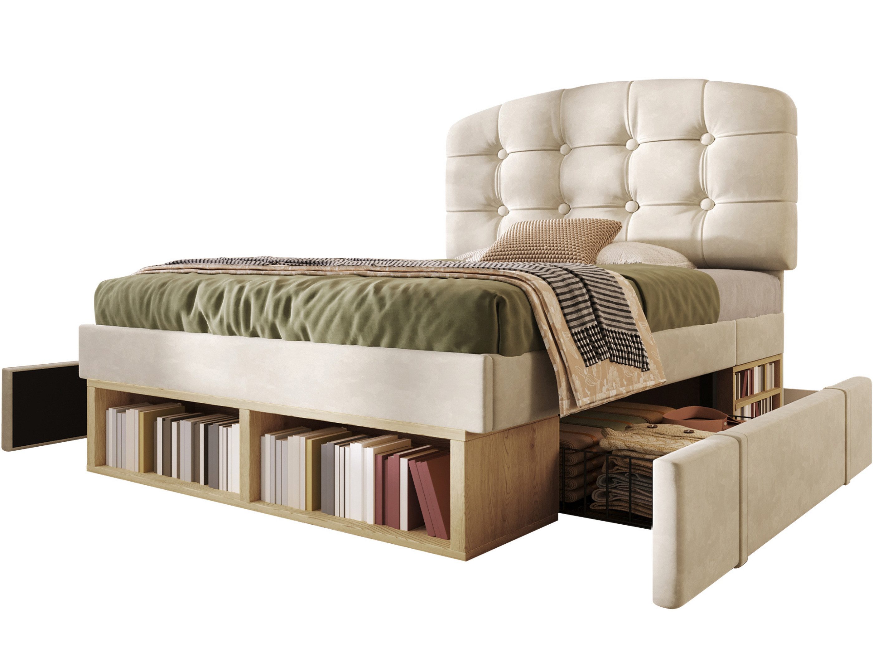 SeedWave Polsterbett Stauraumbett mit Samtbezug, Höhenverstellbarem Kopfteil 110-120cm, 90×200cm Einzelbett mit elastischem Lattenrost, versteckten Schubladen