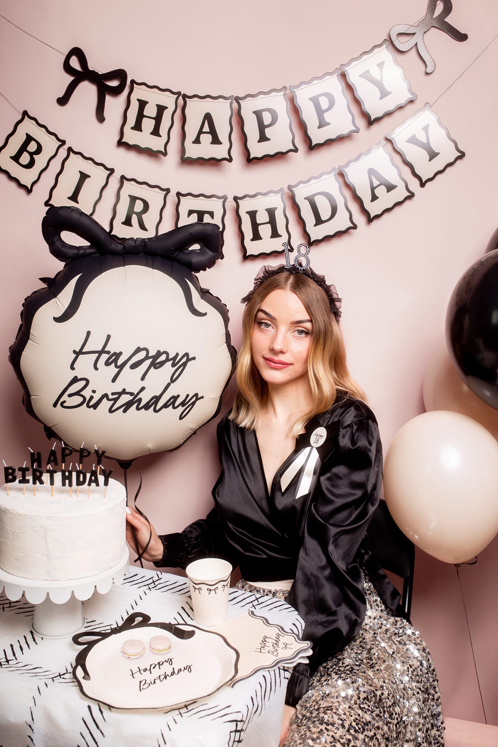 partydeco Girlande, Happy Birthday Girlande 100cm Banner Creme / Schwarz