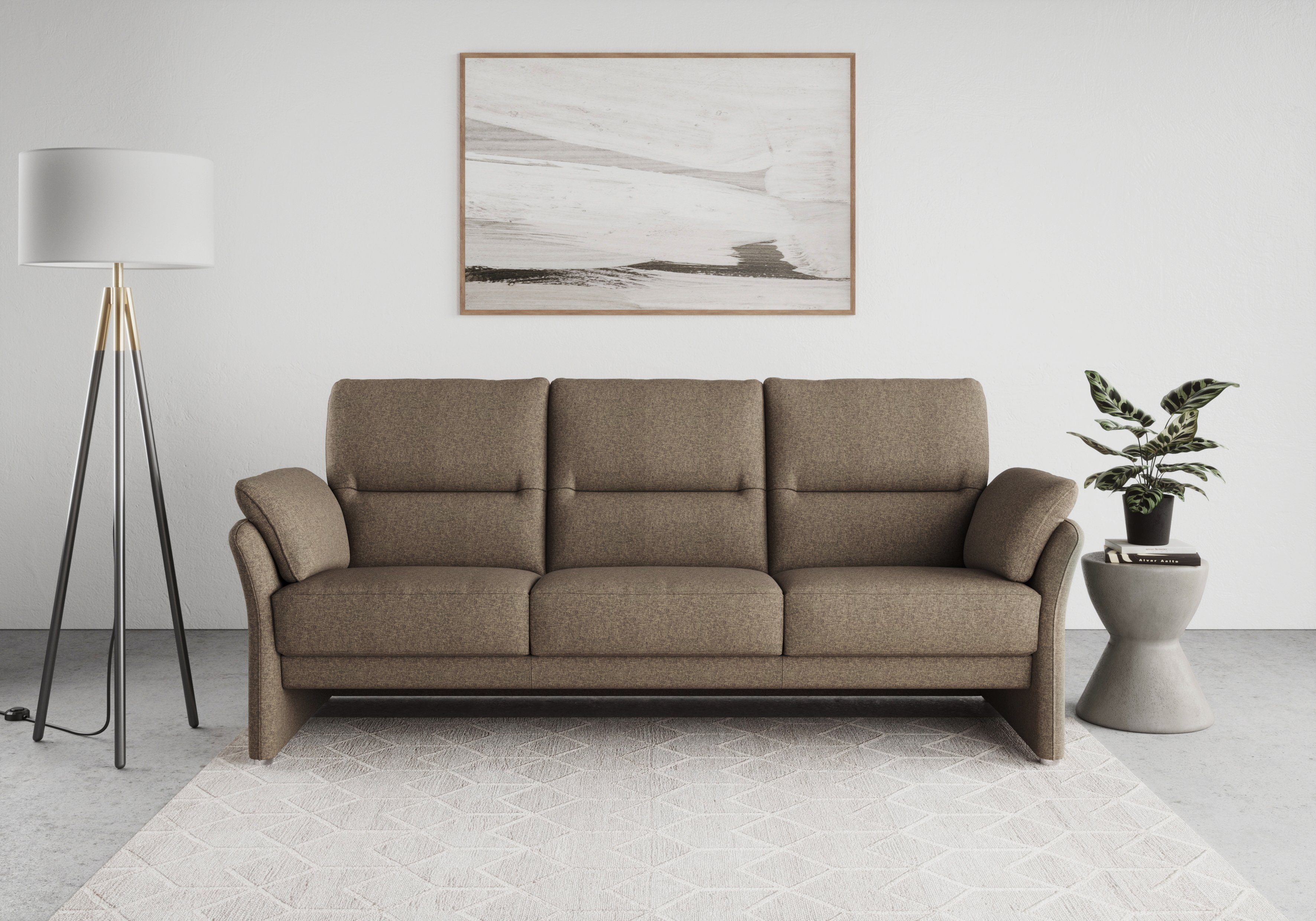 DOMO collection 3-Sitzer Pina, schmale Armlehnen, mit Federkern, kompakt & elegant, Hoher Sitzkomfort, Feinstruktur, stone, Breite 219 cm