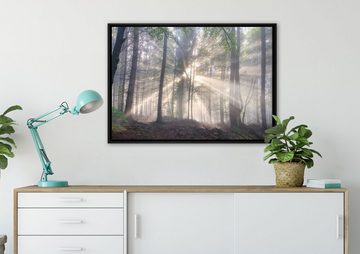 Pixxprint Leinwandbild diesiger Waldweg, Wanddekoration (1 St), Leinwandbild fertig bespannt, in einem Schattenfugen-Bilderrahmen gefasst, inkl. Zackenaufhänger