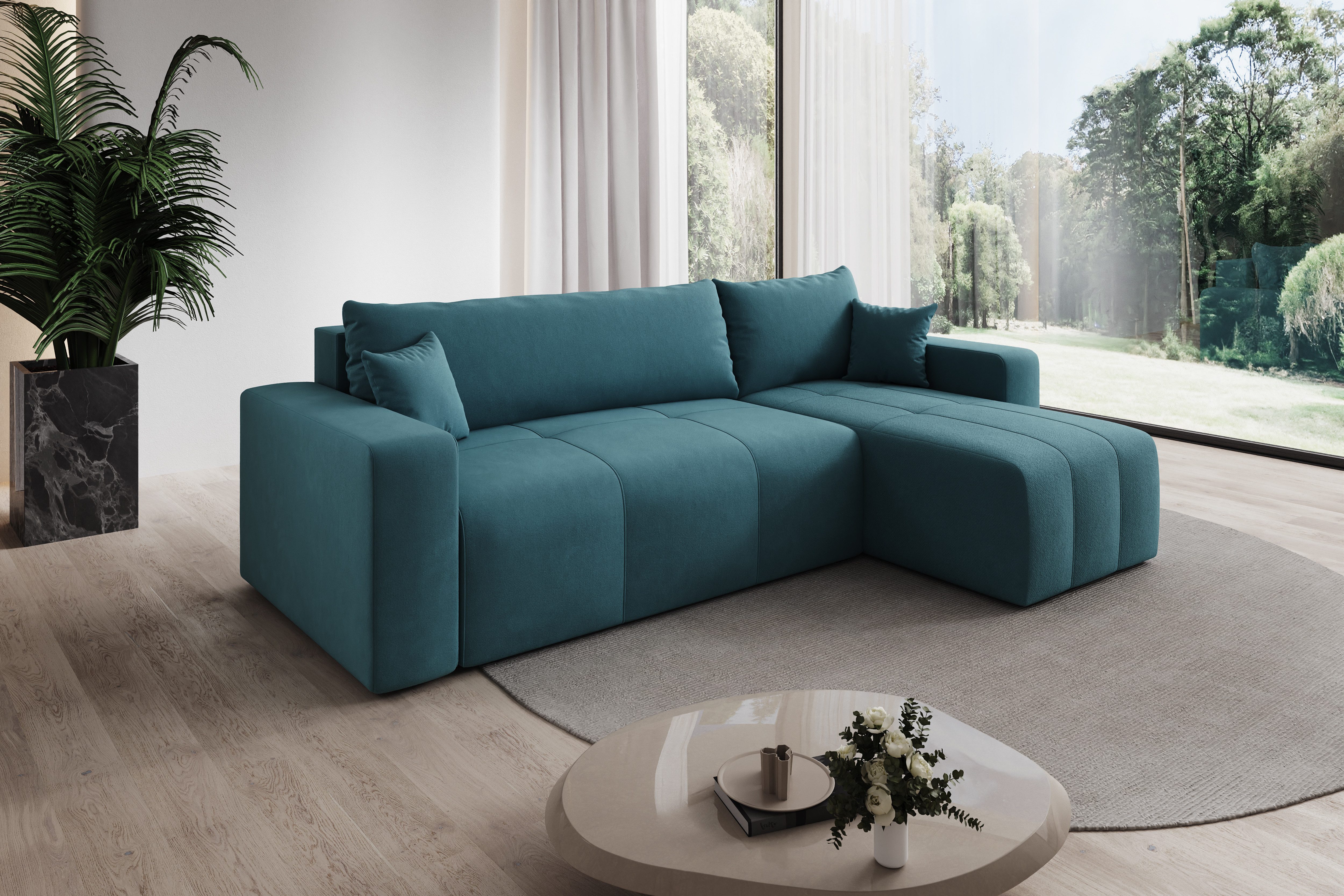 thematys Ecksofa mit Schlaffunktion und Bettkasten, L-Form, Velours + 2 Kissen, 244 x 145cm - Luxus Couch mit Bettfunktion mit Bonnellfedern
