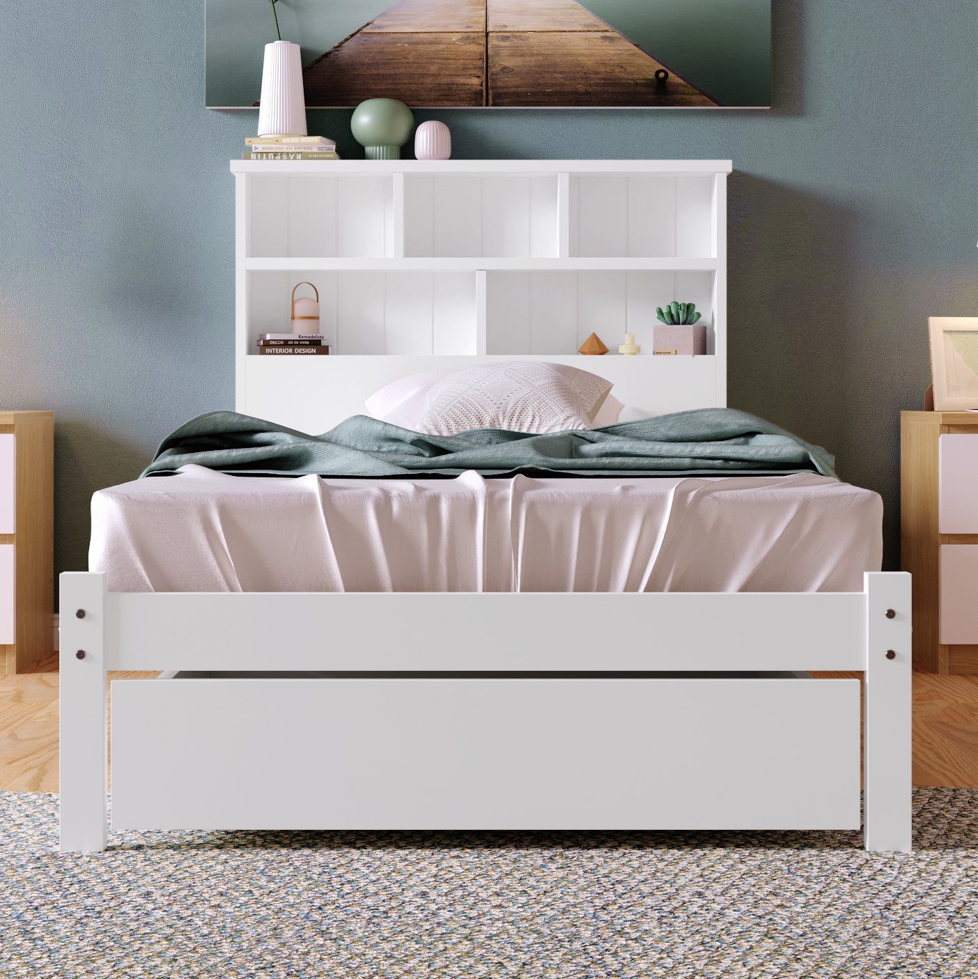 Kinderbett Schubladen mit und Lattenrost,Bücherregal (90x200cm Massivholzbett Weiß), OKWISH