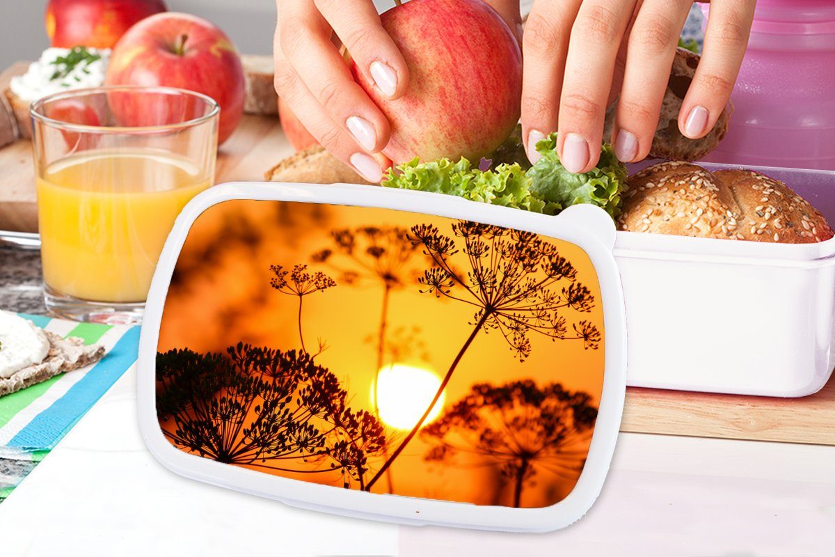 MuchoWow Lunchbox Brotbox Kunststoff, für weiß Blumen Jungs Orange, und Brotdose, Mädchen - (2-tlg), - Erwachsene, Sonnenuntergang Kinder für - und Pflanzen