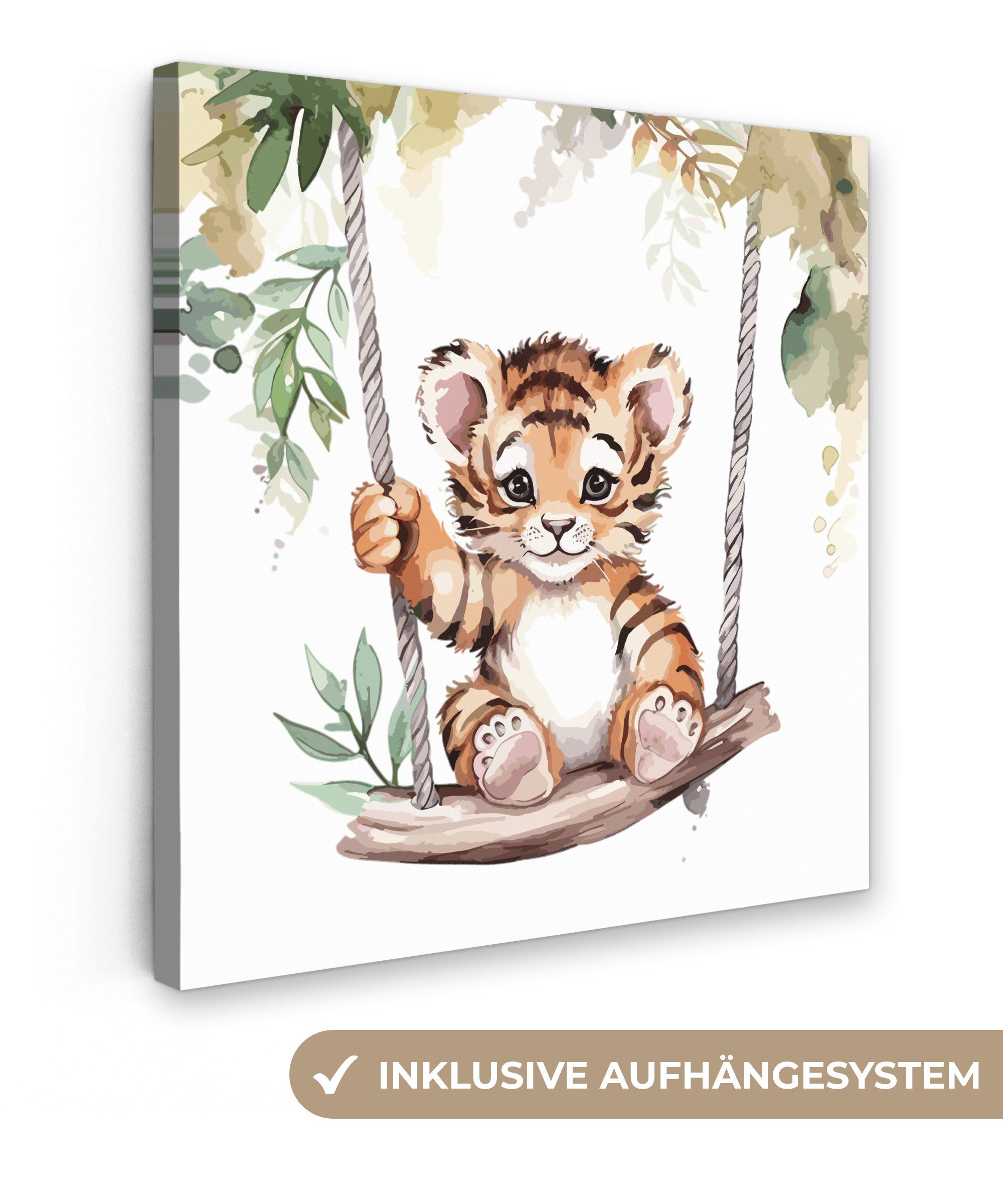 OneMillionCanvasses® Leinwandbild Tiger - Tier - Kinder - Dschungel, Fotodruck (1 St), Wandbild, Deko Schlafzimmer Wohnzimmer Flur 20x20 cm
