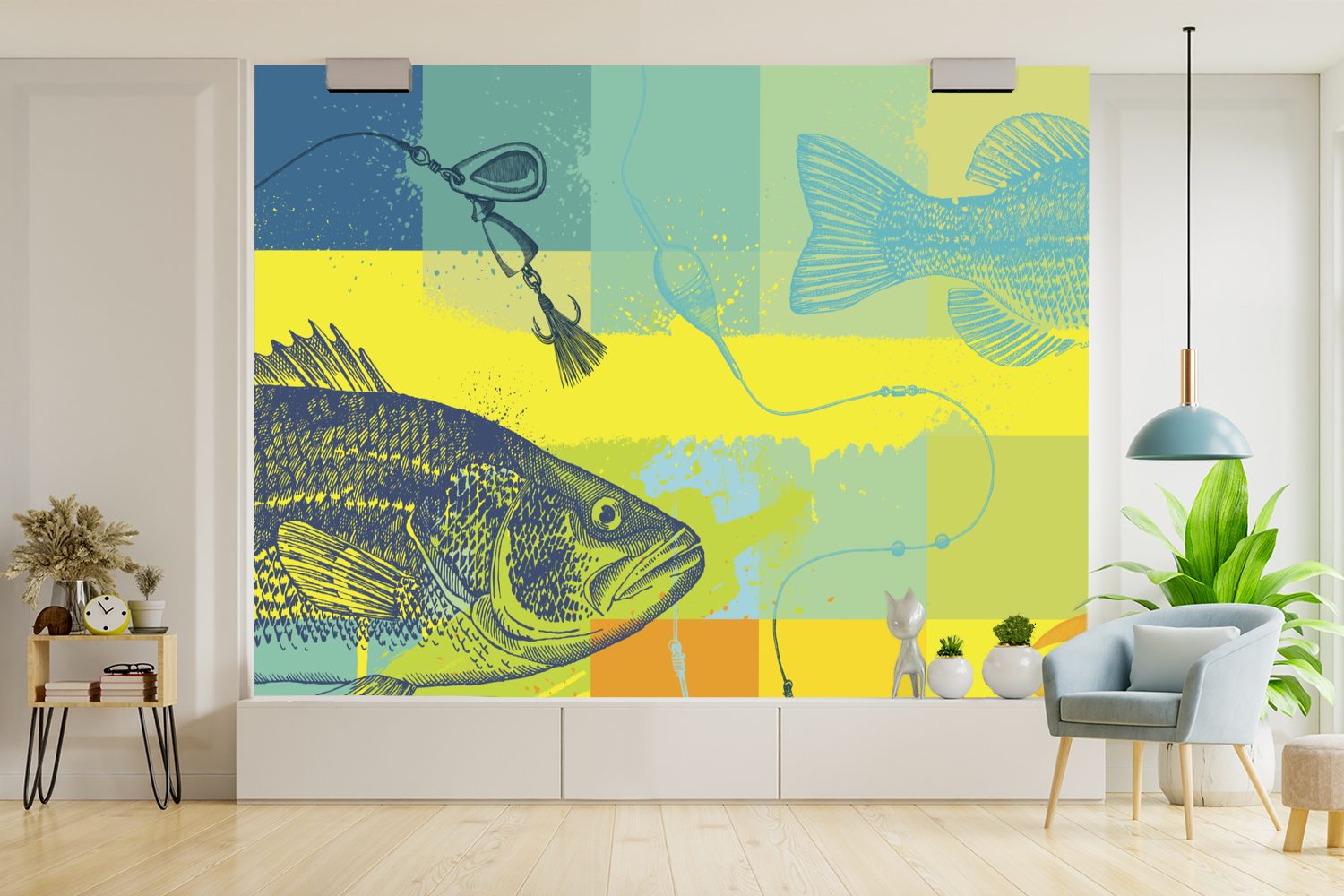 für Fisches, MuchoWow Tapete Matt, Fototapete (5 eines Wandtapete Farbige St), Montagefertig Wohnzimmer, Illustration Vinyl bedruckt,