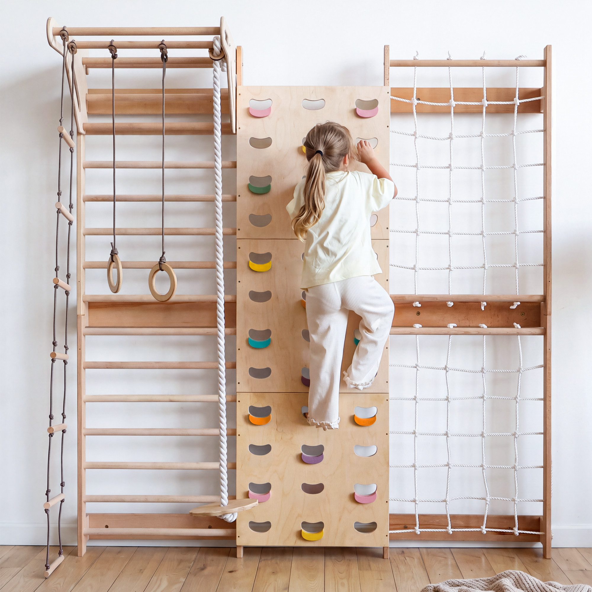 Goodevas Sprossenwand Klettergerüst für Kinder, Montessori Holz-Spielplatz, (Schaukel, Turnringen, Kletternetz, Strickleiter & Monkeybars)