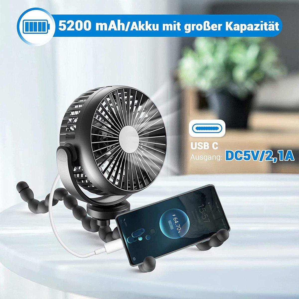 Tragbar Tischventilatoren Schwarz Ventilator Geschwindigkeiten USB Freien Camping autolock Handventilator für Stativlüfter mAh, 3 Wiederaufladbarer 5200 im