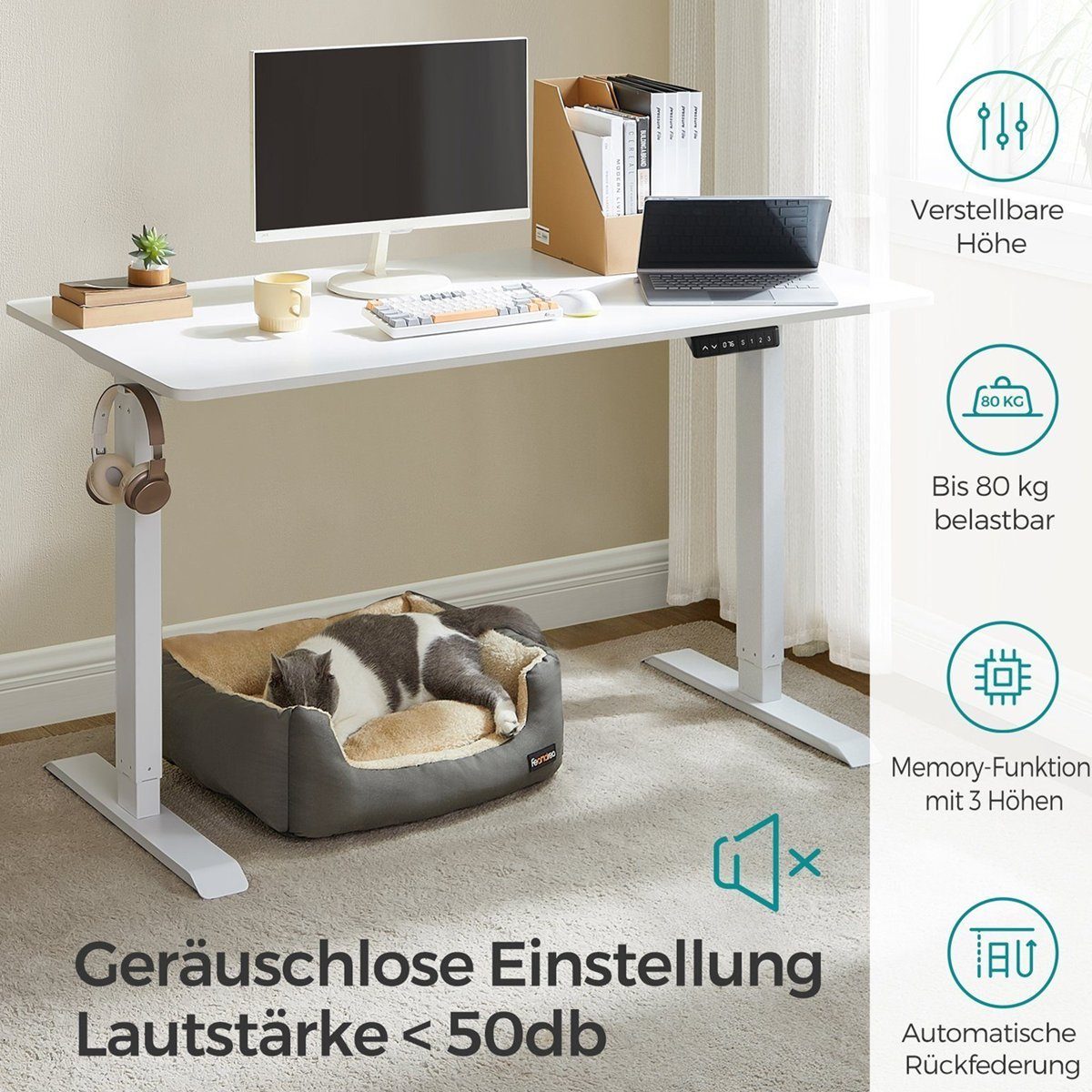 Bürotisch Weiß Schreibtisch | | elektrisch SONGMICS höhenverstellbar 120/140cm, Weiß USB Weiß