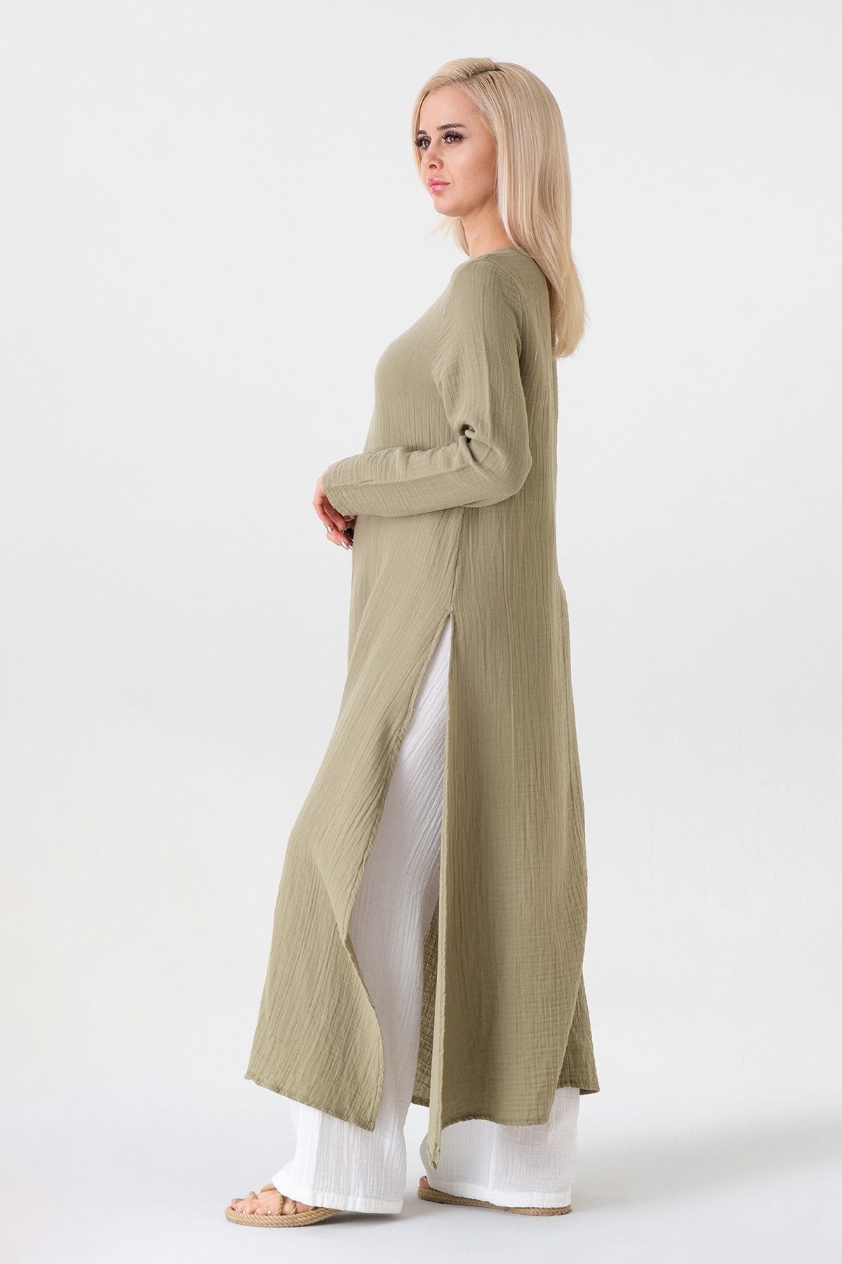 WENOR Longtunika Musselin 100 % Baumwolle 125 cm, Seitenschlitze, Modest Fashion 34–50