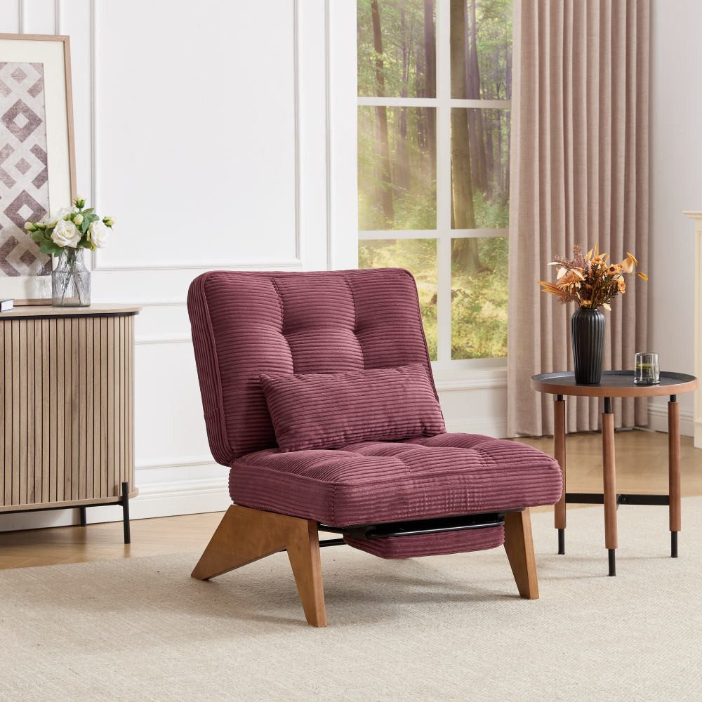 BBWL Loungesessel mit Fußstütze & Lendenkissen aus Cord Stoff, rückenfrei, Holzbeine, Moderner verstellbarer Loungesessel