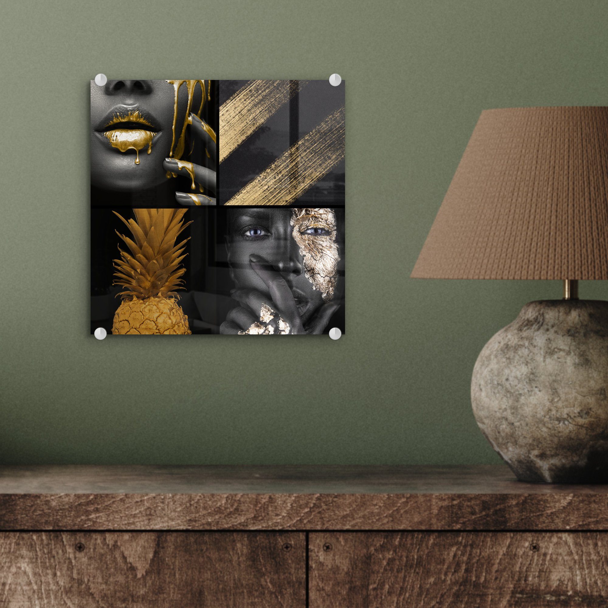 MuchoWow Acrylglasbild Collage - (1 Frauen, auf - Glas Gold Farbe Glas - Glasbilder - Wanddekoration - Bilder St), Foto Wandbild auf 