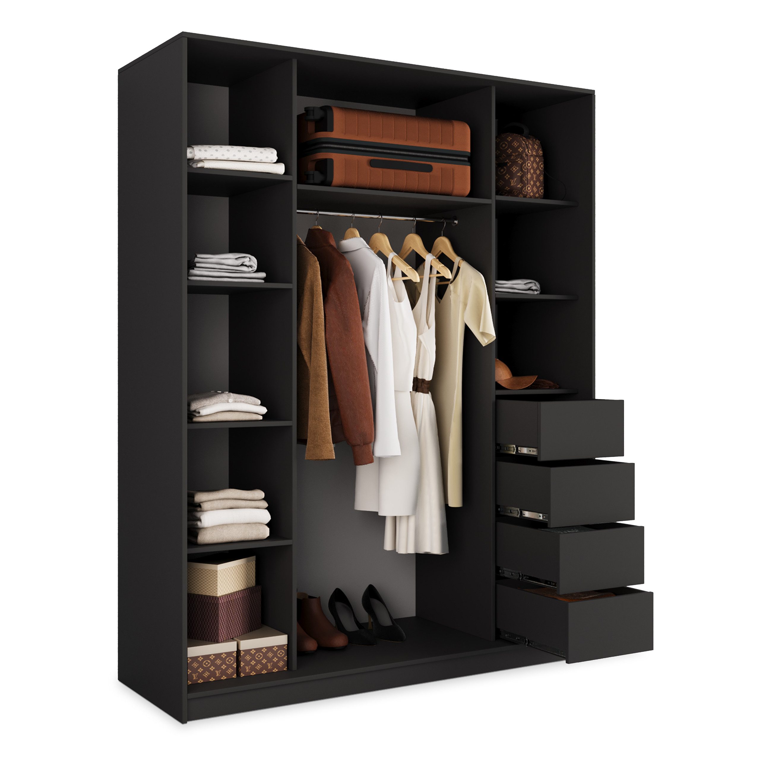 Masseno Schwebetürenschrank PINA 150 cm Kleiderschrank mit Spiegel 3 Türen Schwarz