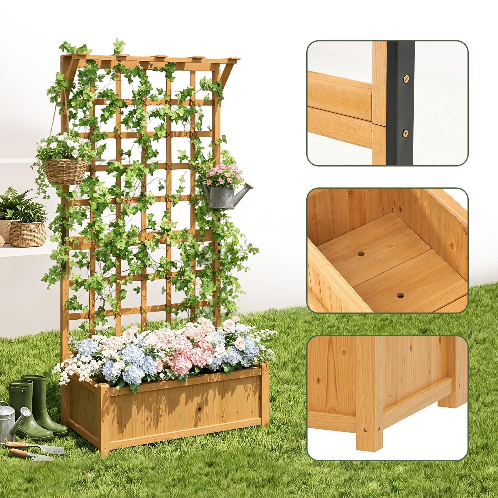 AOXUN Blumenkasten Pflanzkasten, Hochbeet mit Rankgitter und Hängedach (1 St), für Blumenampeln und Kletterpflanzen, 90x48x183cm – Bild 5 von 5