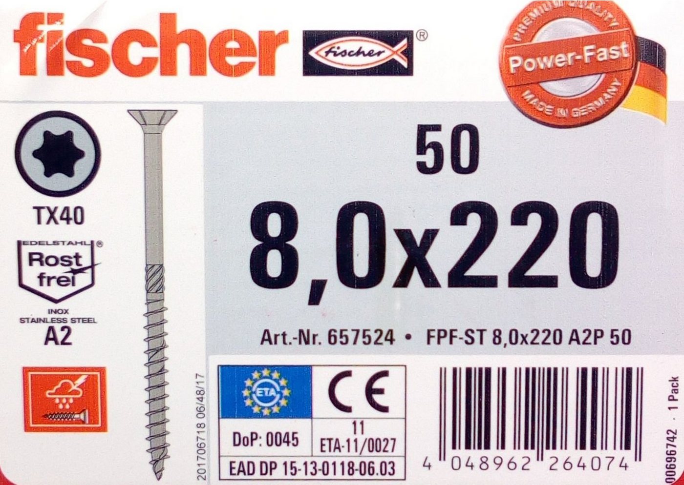 Thumbnail - Fischer Befestigungstechnik Schraube 50x fischer Holzschraube 8,0x220 Edelstahl A2 TX Senkkopf Teilgewinde, (50 St)