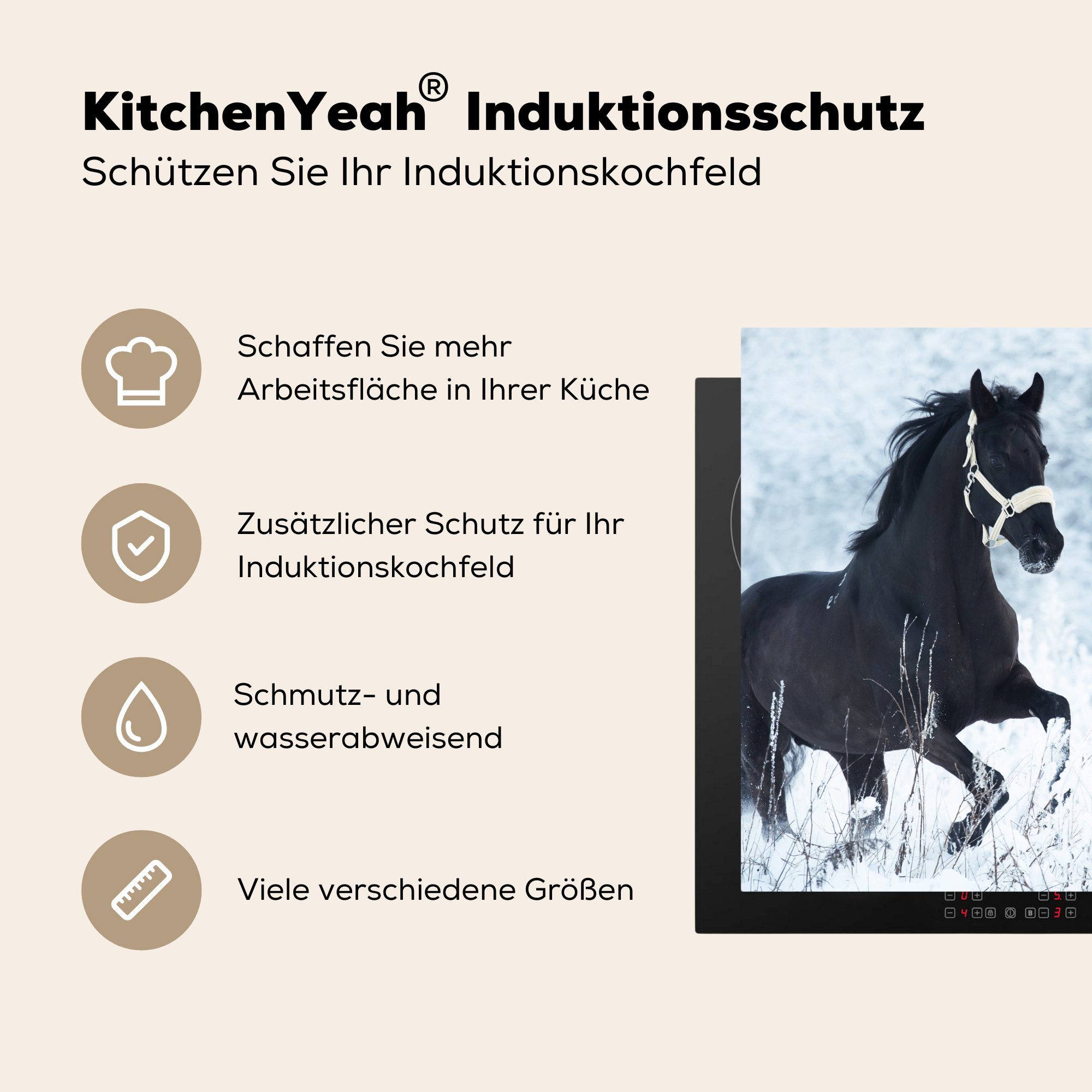 MuchoWow Herdblende-/Abdeckplatte Pferd - Schnee für tlg), - Arbeitsplatte Vinyl, 78x78 Winter, Ceranfeldabdeckung, küche cm, (1