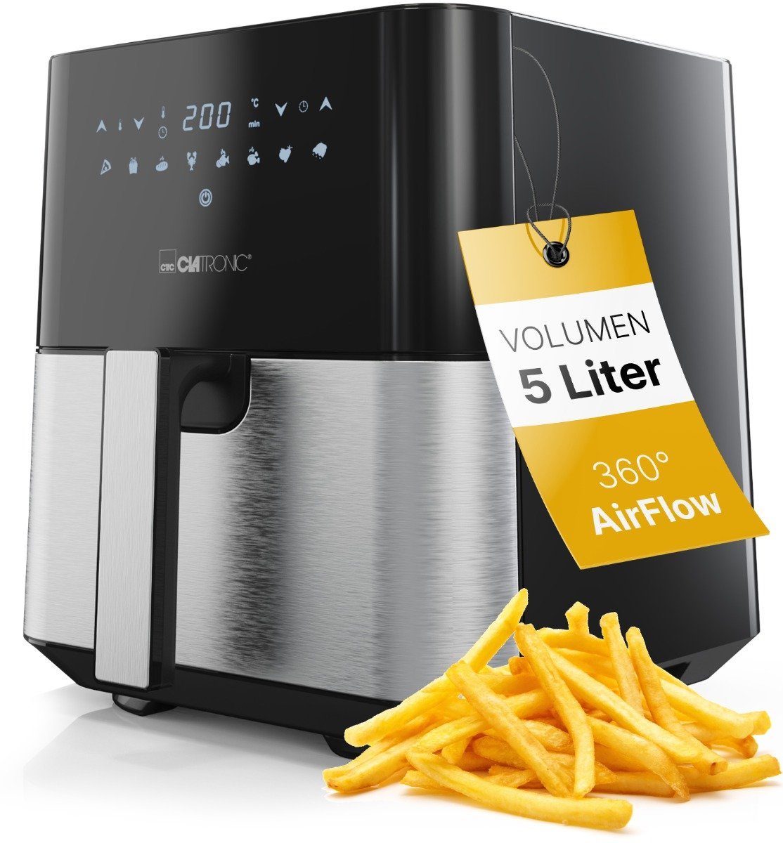 CLATRONIC Heißluftfritteuse FR 3782 H, XXL 5L, 360° Air-Flow, 8 Programme, 1450W