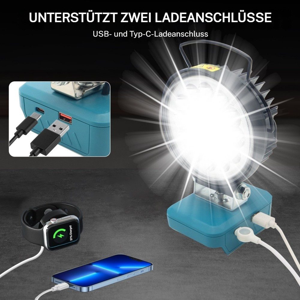 VIVIHEYDAY LED Baustrahler Akku Lampe Für Makita 18v, Kabellose Led Arbeitsleuchte Akku, 36W, Hell Led Strahler Tragbares Flutlichter Baustellen Lampe, Akku Scheinwerfer mit Typ C und USB-Aufladung
