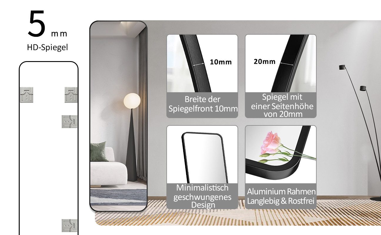 WDWRITTI Ganzkörperspiegel für Friseurladen Hotel Ganzkörperspiegel 180x80cm Spiegel groß Schwarz (Bodenspiegel Flurspiegel Rechteckig, mit Alurahmen), für Wohnzimmer Schlafzimmer Garderobe