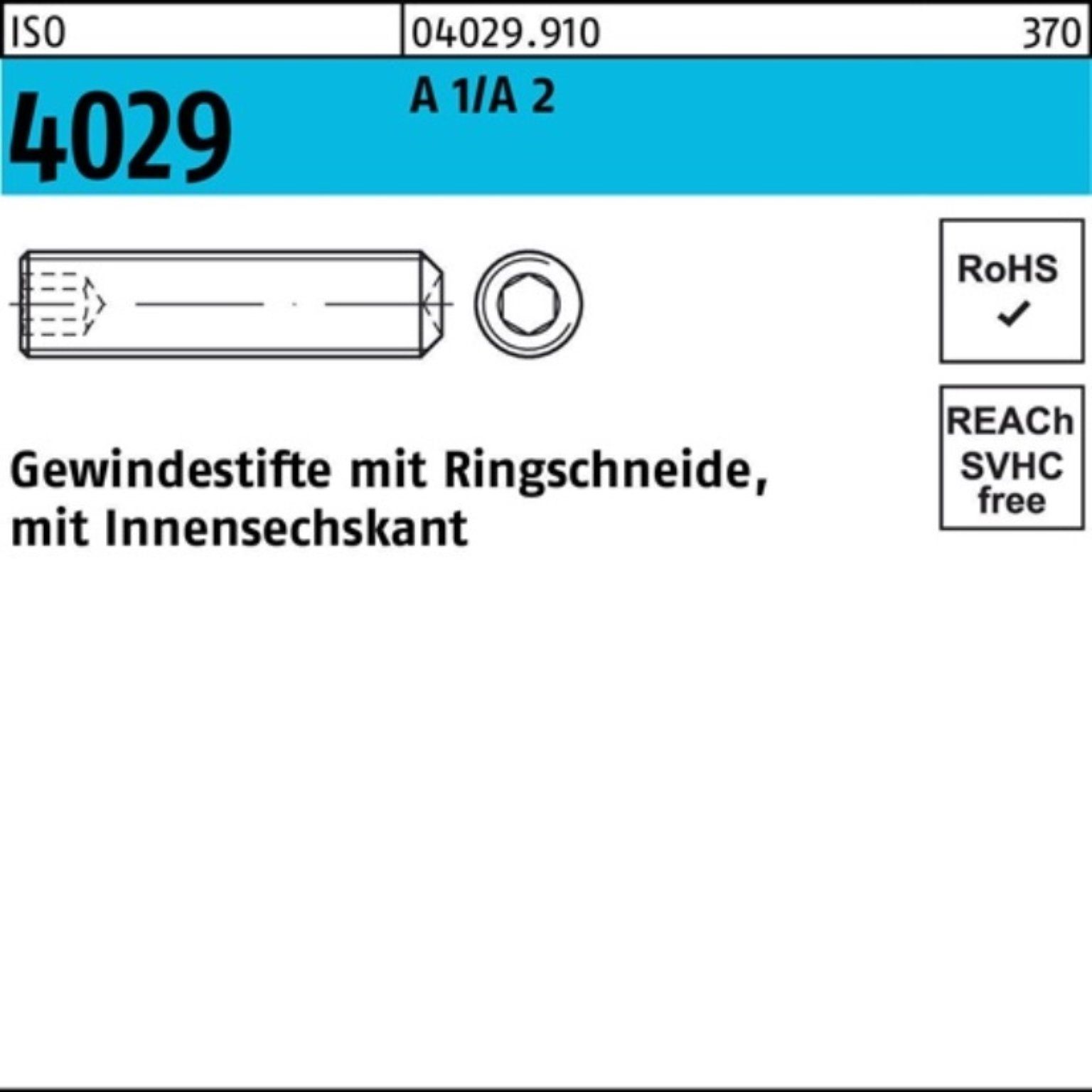 Gewindebolzen 4029 Gewindestift 100er A 2 Pack Reyher 30 ISO Ringschneide/Innen-6kt 100 M8x