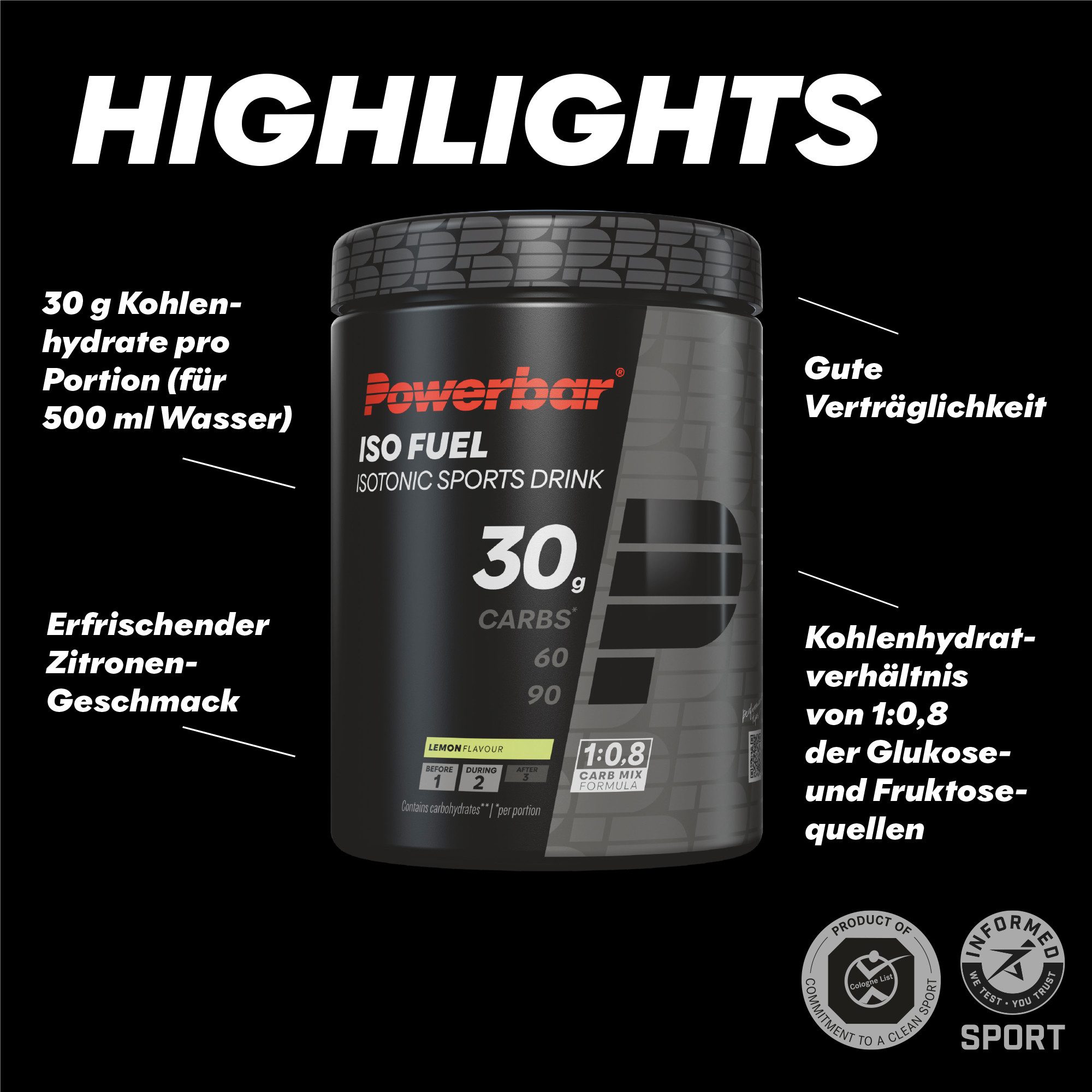 PowerBar Iso Fuel 30 Kohlenhydrate Lemon Black Line 608 g isotonic Sports Drink Pulver, 1 er Dose à 1 St., 608 g, 30 g Kohlenhydrate pro Portion im Verhältnis von 1:0,8